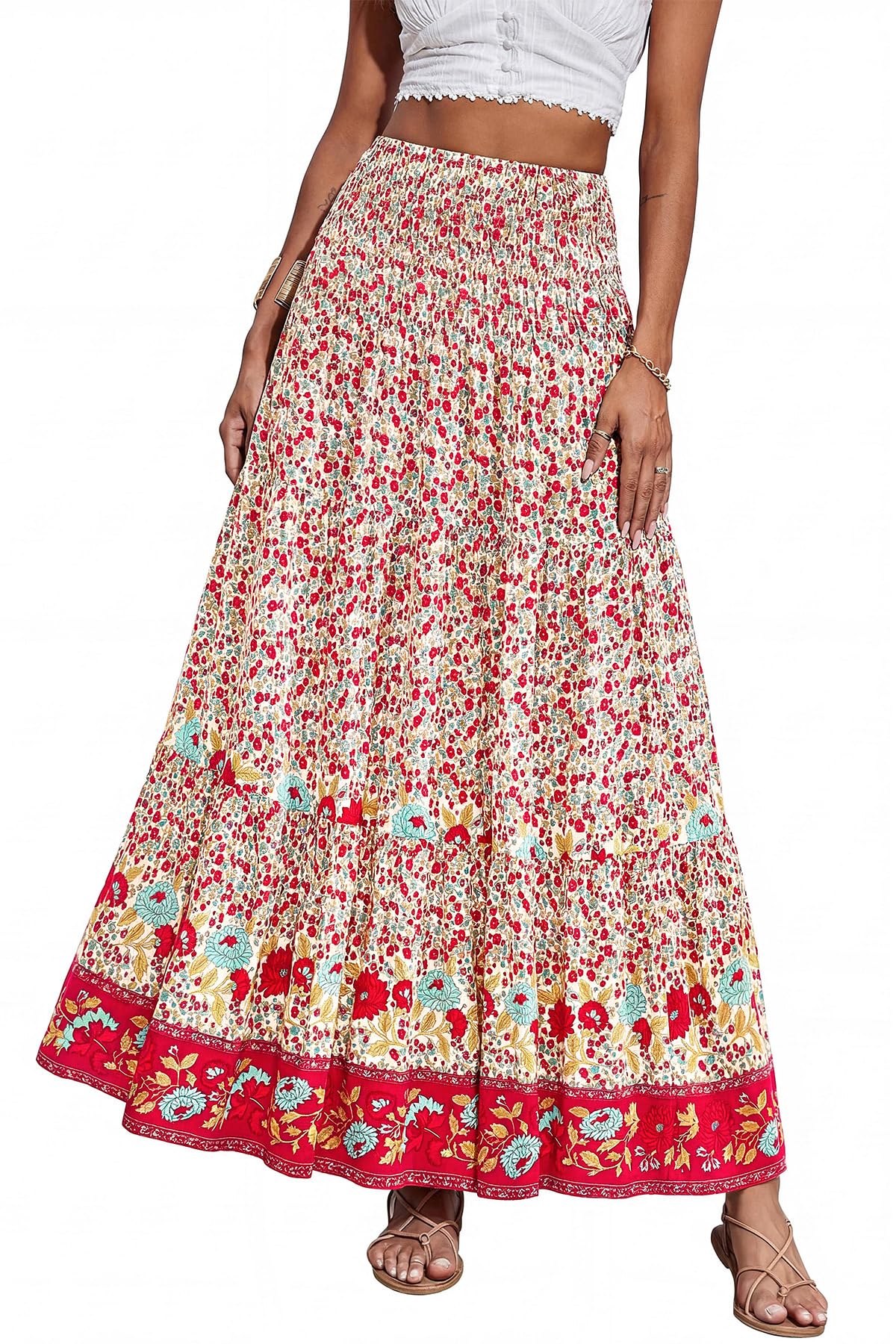 CFLONGE Summer Maxi Skirts for Women 2026 Fashion Boho Long Skirt Trendy Floral High Waist A Line Beach Skirt Vacation Outfit