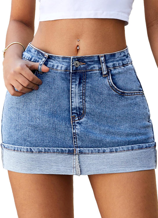 ELLEVEN High Stretchy Mini Denim Skirts with Shorts Underneath,Cuffed Hem Fitted Jean Skirt Mid Waist Summer Skorts