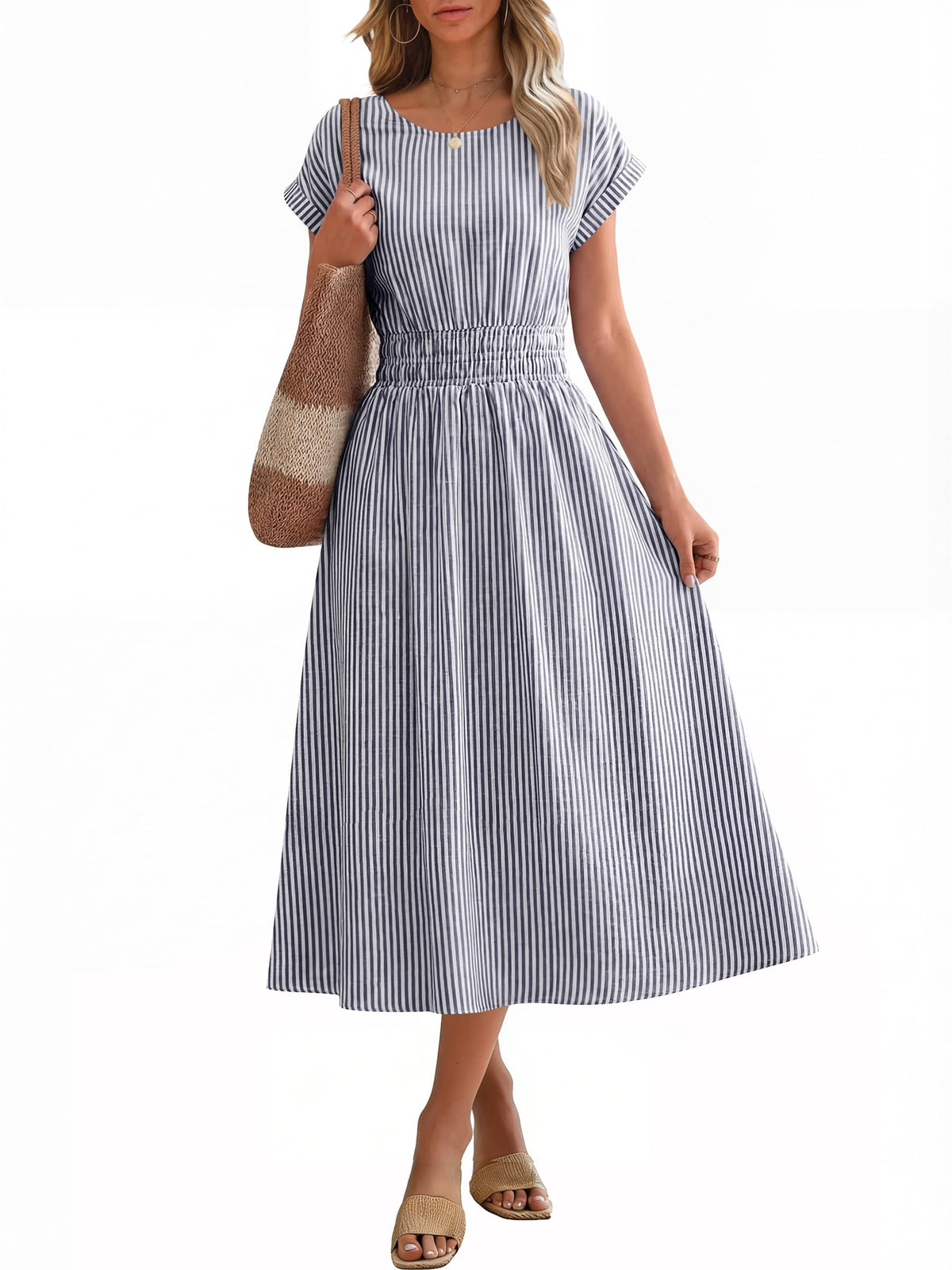 ANRABESS Womens Summer Midi Dress Striped Casual Short Sleeve Crewneck Empire Waist 2026 Flowy Long Beach Dress with Pockets