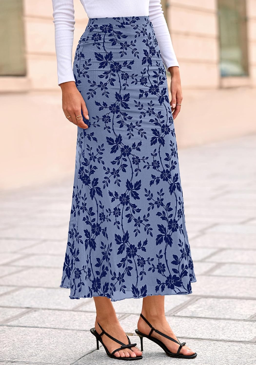 BTFBM Womens Floral Mesh Maxi Skirt 2026 Spring Summer Elastic High Waisted Boho Elegant Mermaid Long Skirts for Women