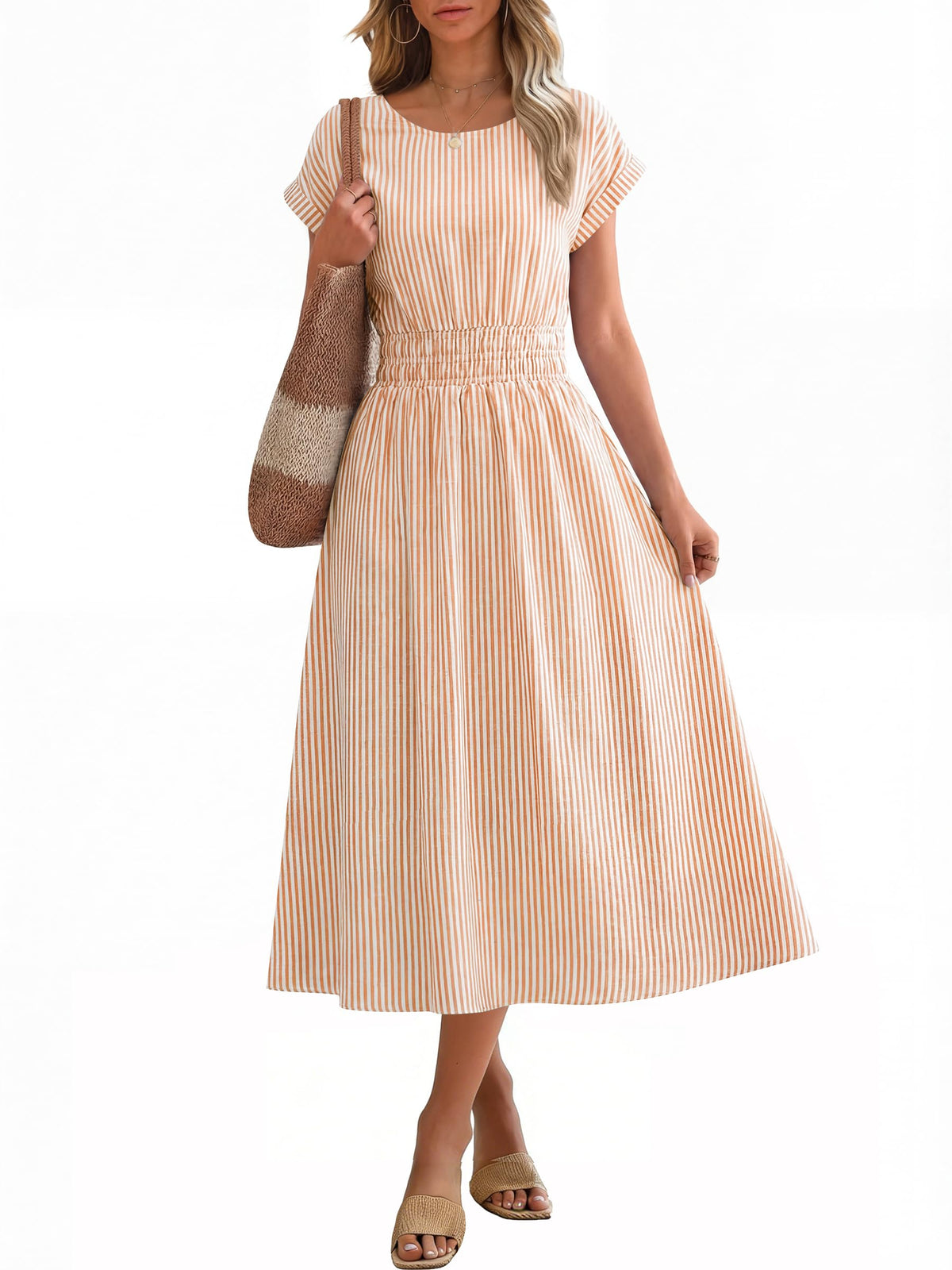 ANRABESS Womens Summer Midi Dress Striped Casual Short Sleeve Crewneck Empire Waist 2026 Flowy Long Beach Dress with Pockets