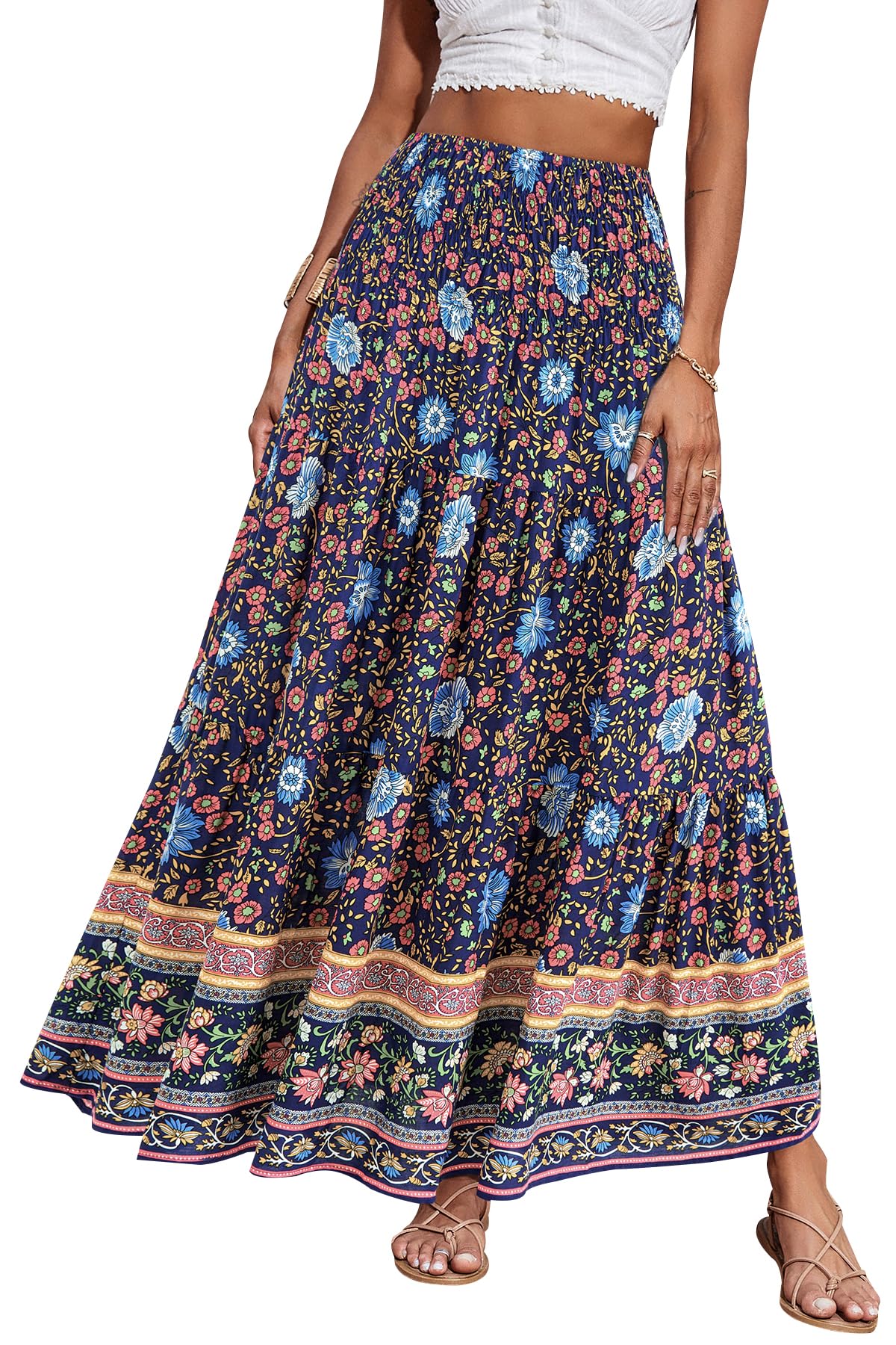CFLONGE Summer Maxi Skirts for Women 2026 Fashion Boho Long Skirt Trendy Floral High Waist A Line Beach Skirt Vacation Outfit