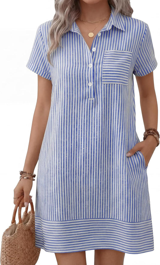 ANRABESS Womens Summer Shirt Dresses | Lightweight Breathable, Short Sleeve Button Polo Collar T-shirt Dress, Daily Beach Work Outfits, Spring Fall Clothes