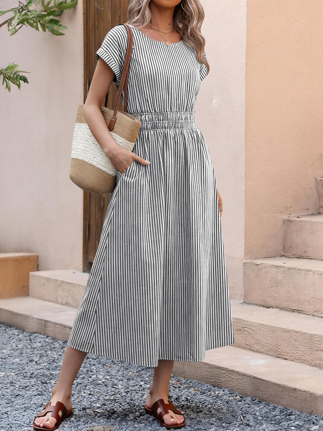 ANRABESS Womens Summer Midi Dress Striped Casual Short Sleeve Crewneck Empire Waist 2026 Flowy Long Beach Dress with Pockets
