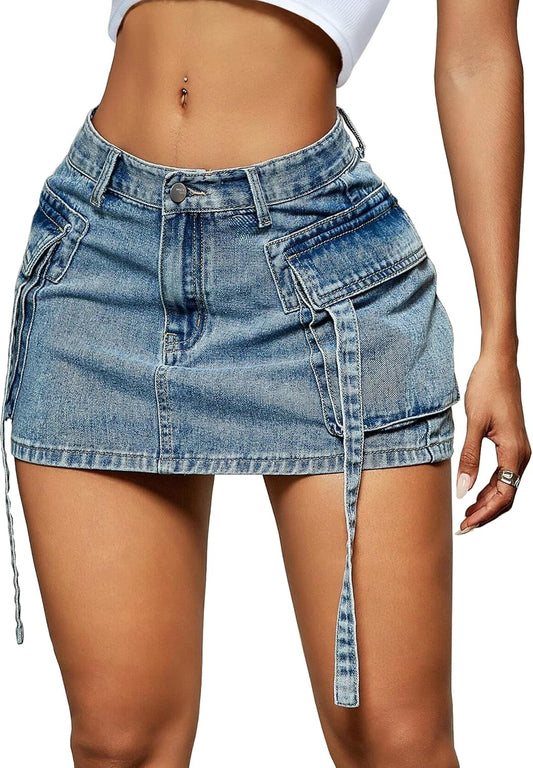 LOLILRSD Women Cargo Skirt Denim Mini Low Waist Y2K Jean Skirts with Pockets