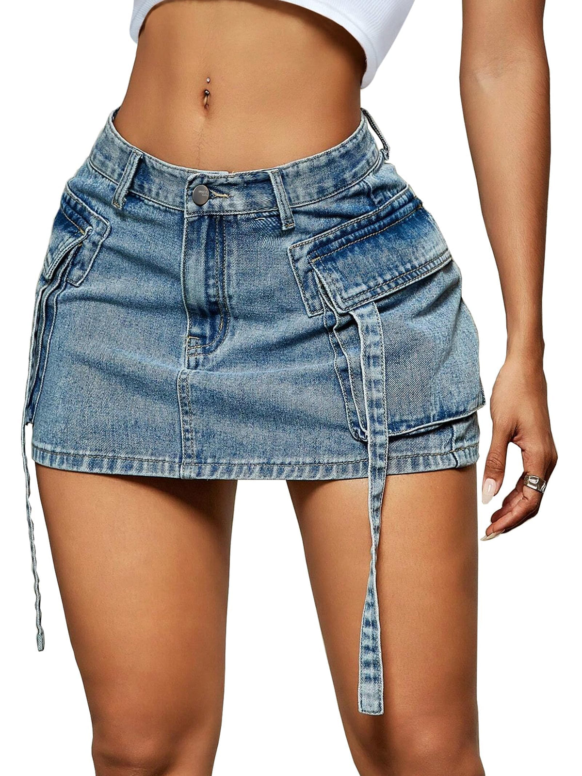 LOLILRSD Women Cargo Skirt Denim Mini Low Waist Y2K Jean Skirts with Pockets
