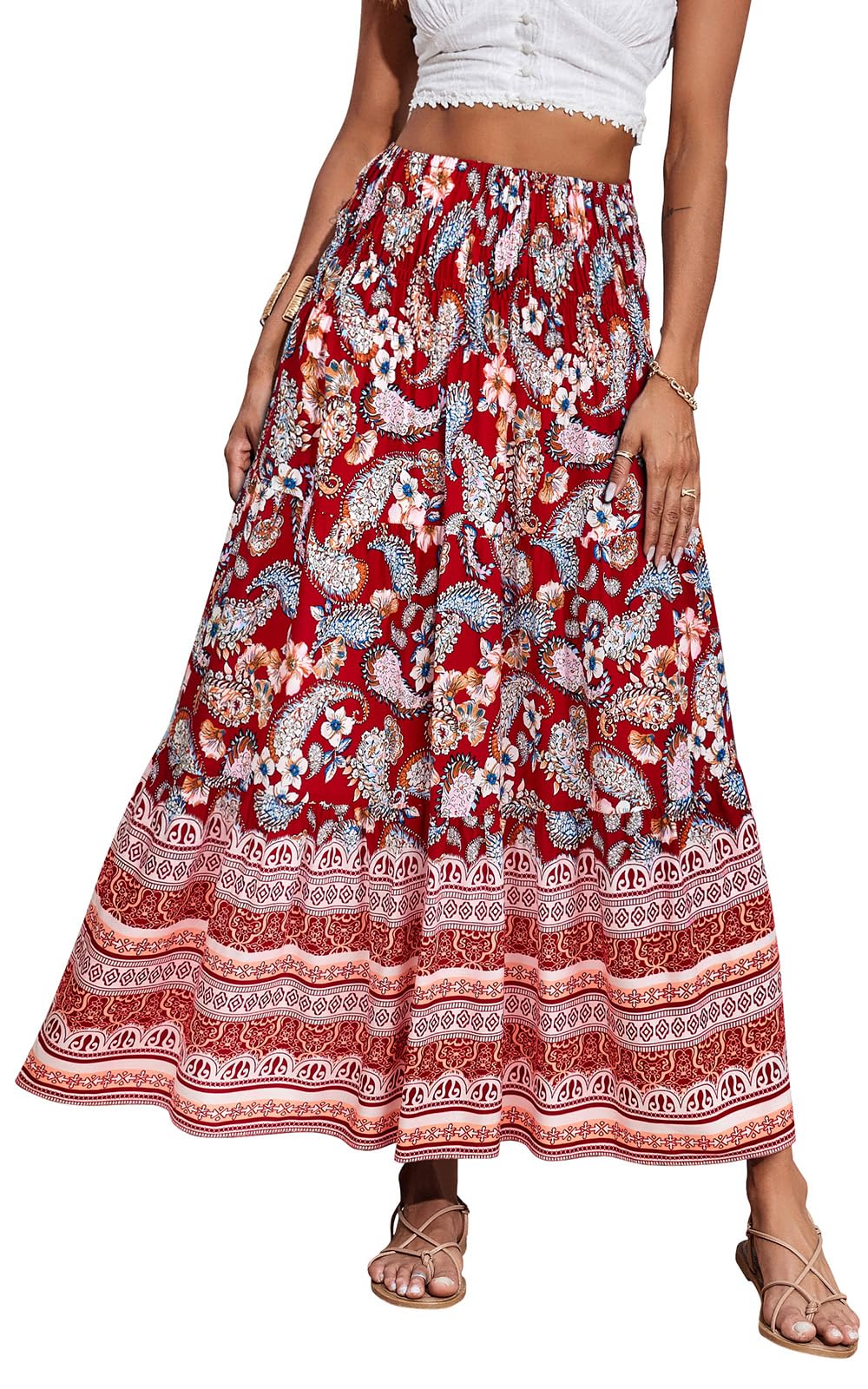 CFLONGE Summer Maxi Skirts for Women 2026 Fashion Boho Long Skirt Trendy Floral High Waist A Line Beach Skirt Vacation Outfit