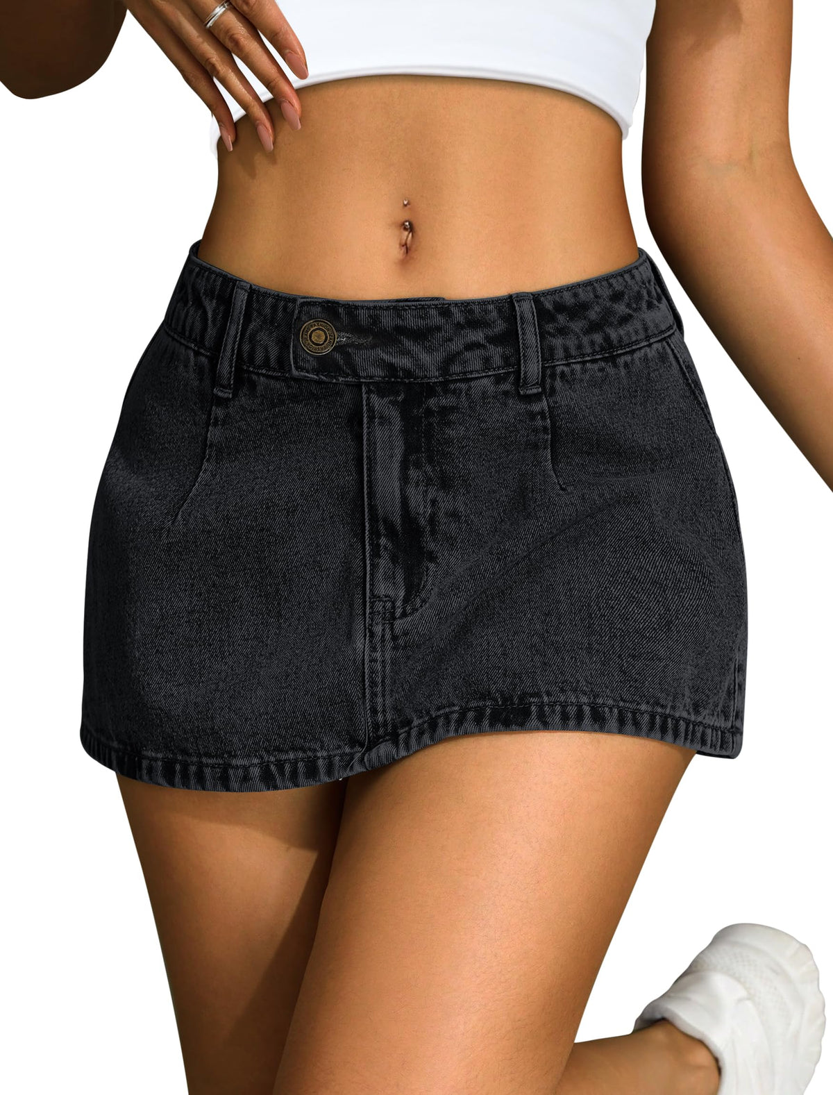 IWD Denim Mini Skirt for Women Low Waisted Jean Micro Skort with Shorts Stretch Casual Jean Skirt