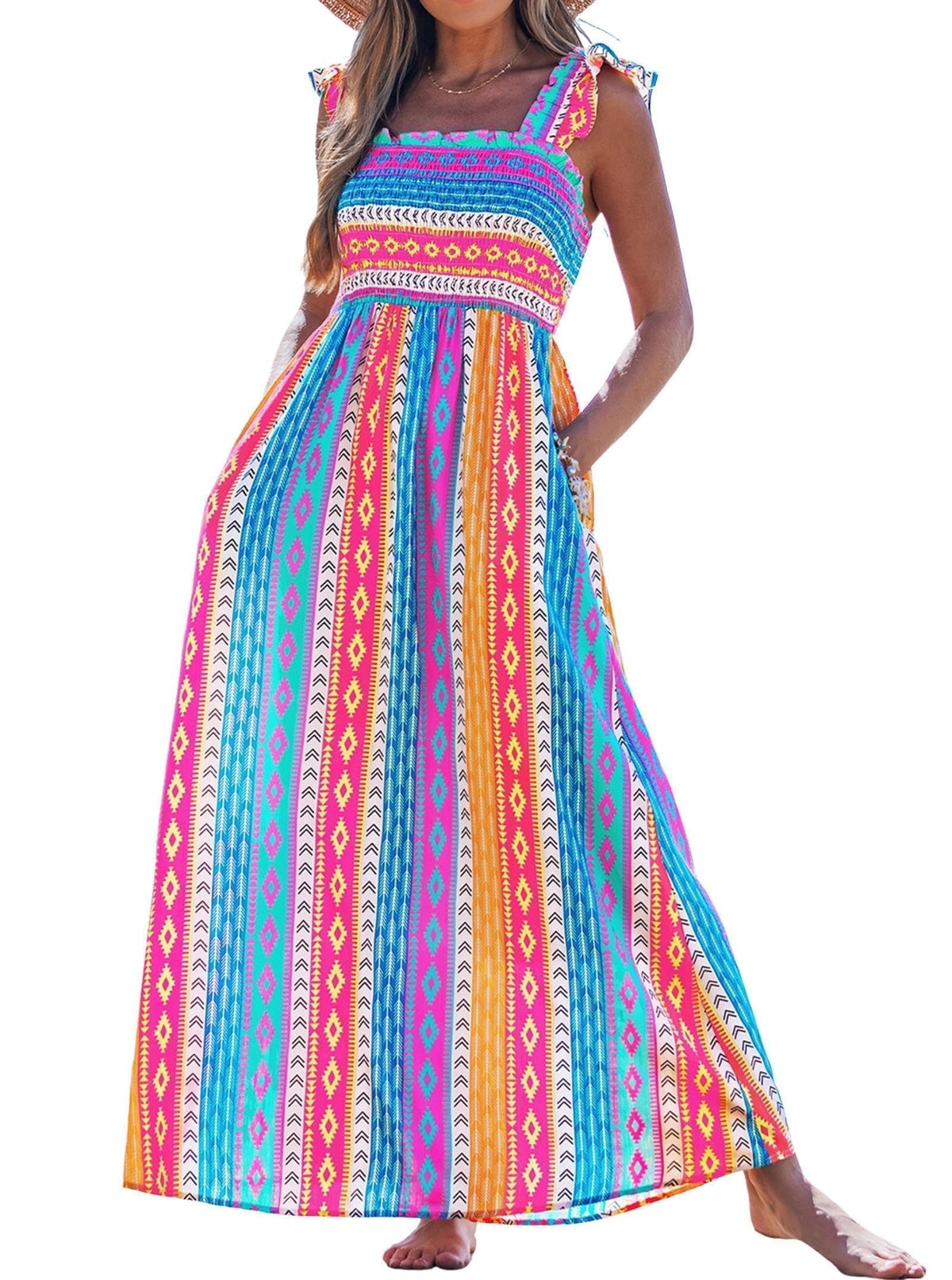 popvil Women Summer Maxi Dress 2026 Spaghetti Strap Long Beach Dress Boho A-Line Flowy Casual Sleeveless Sun Dress