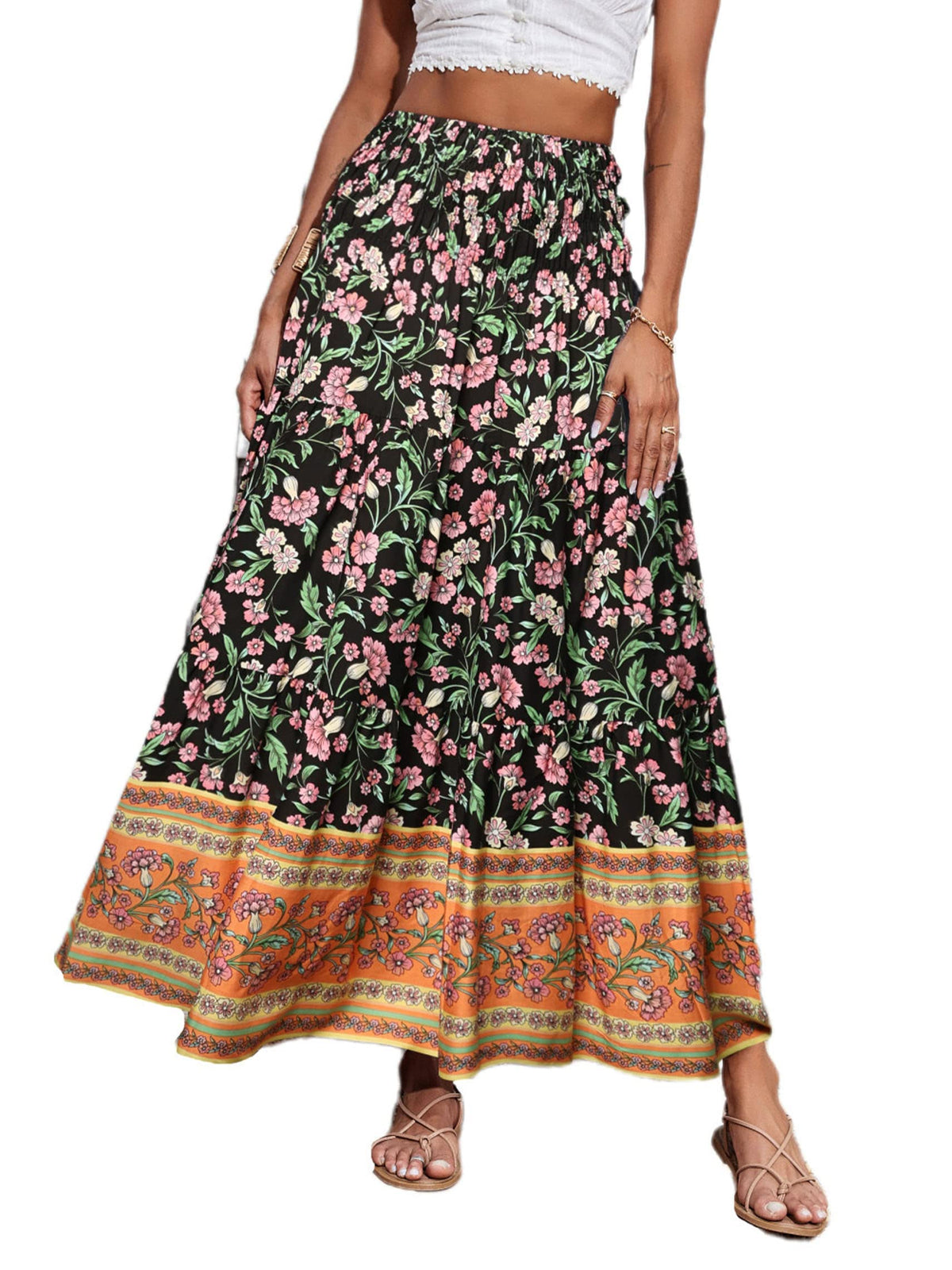 CFLONGE Summer Maxi Skirts for Women 2026 Fashion Boho Long Skirt Trendy Floral High Waist A Line Beach Skirt Vacation Outfit