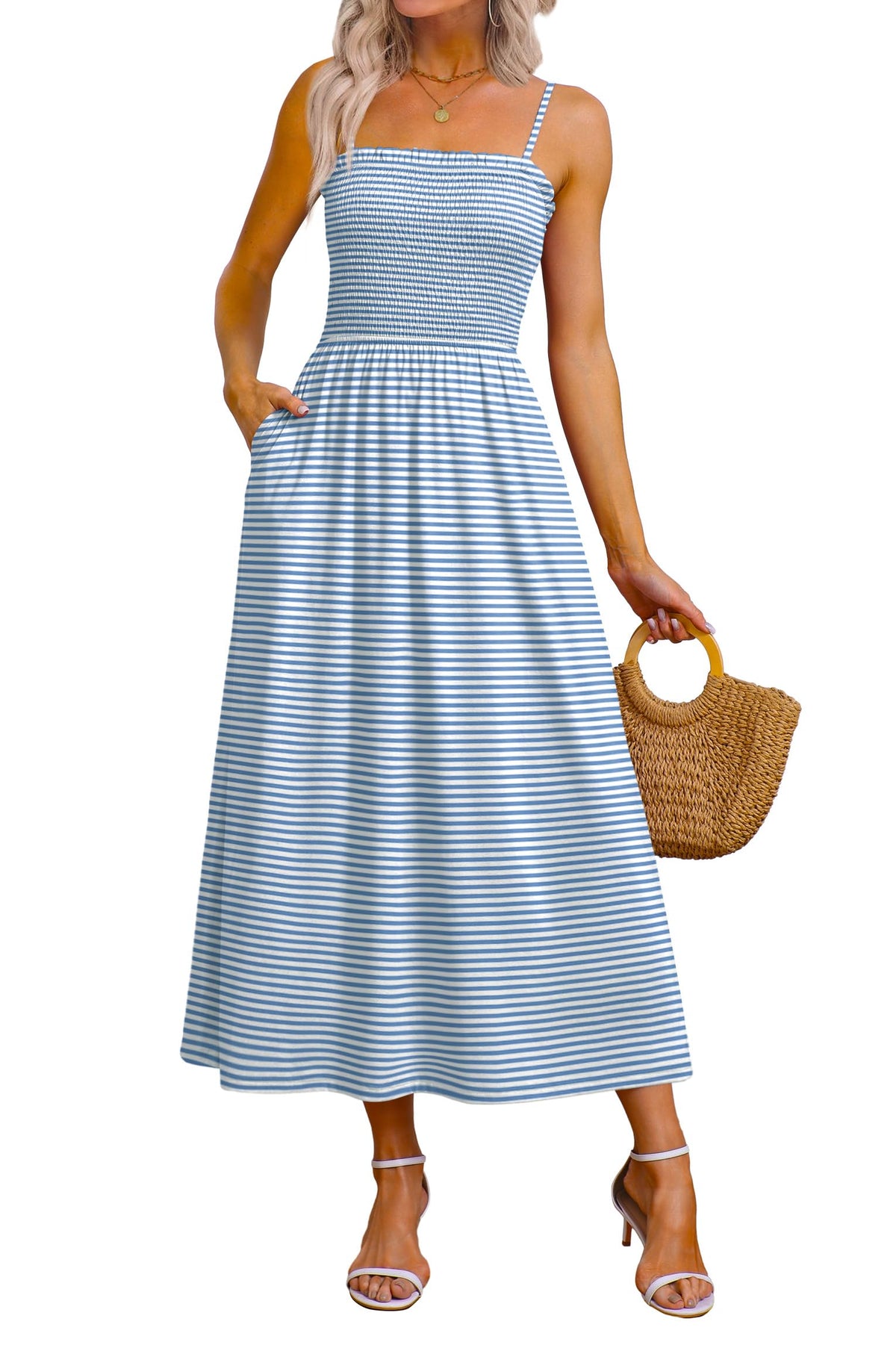 OFEEFAN Womens Spaghetti Strap Maxi Dresses Smocked with Pockets 2026 Summer Spring Casual Boho Beach Long Sundresses