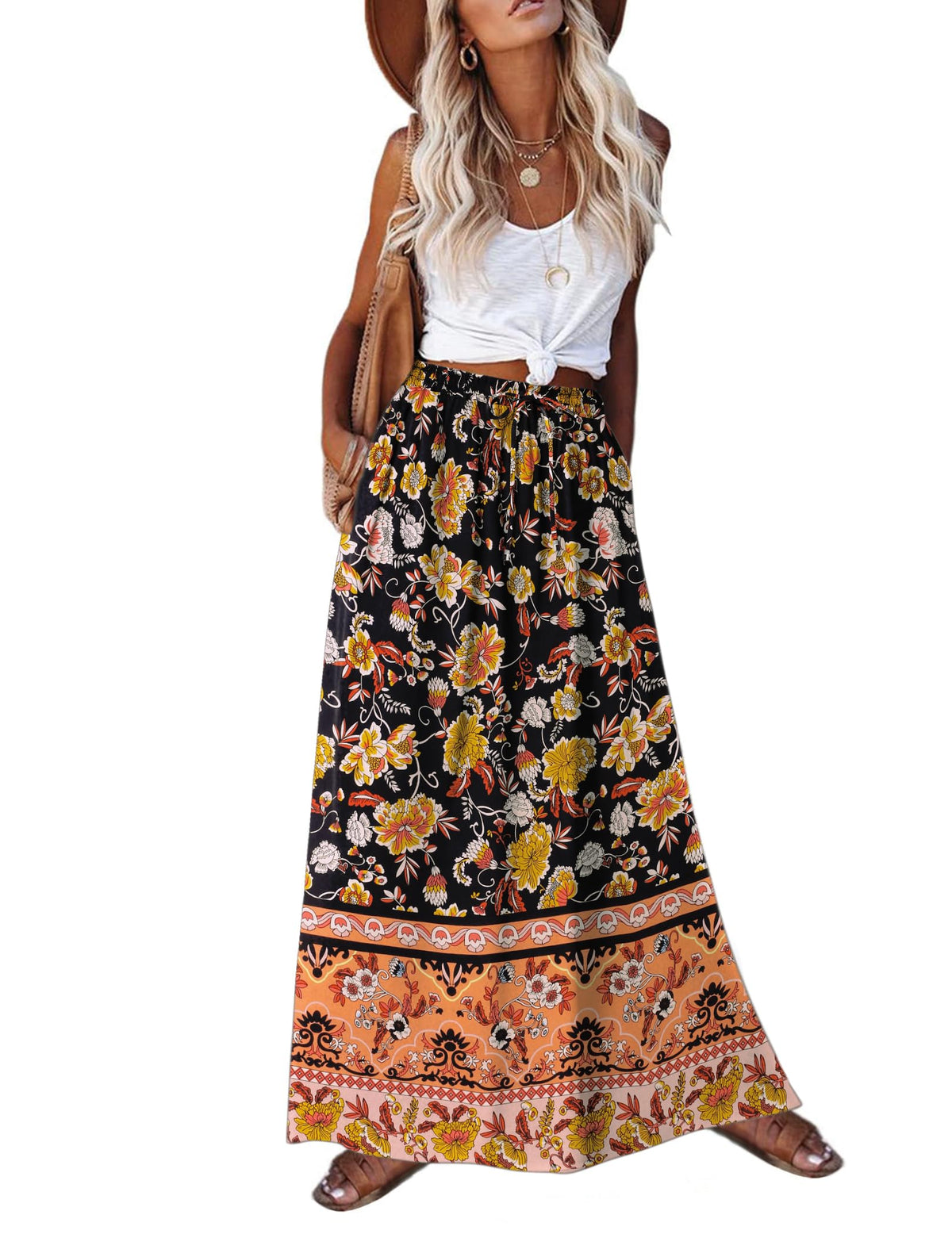 Zeagoo Women's 2026 Boho Floral Skirt Casual Elastic High Waist Maxi Skirts Flowy A Line Beach Long Skirt with Side Pockets