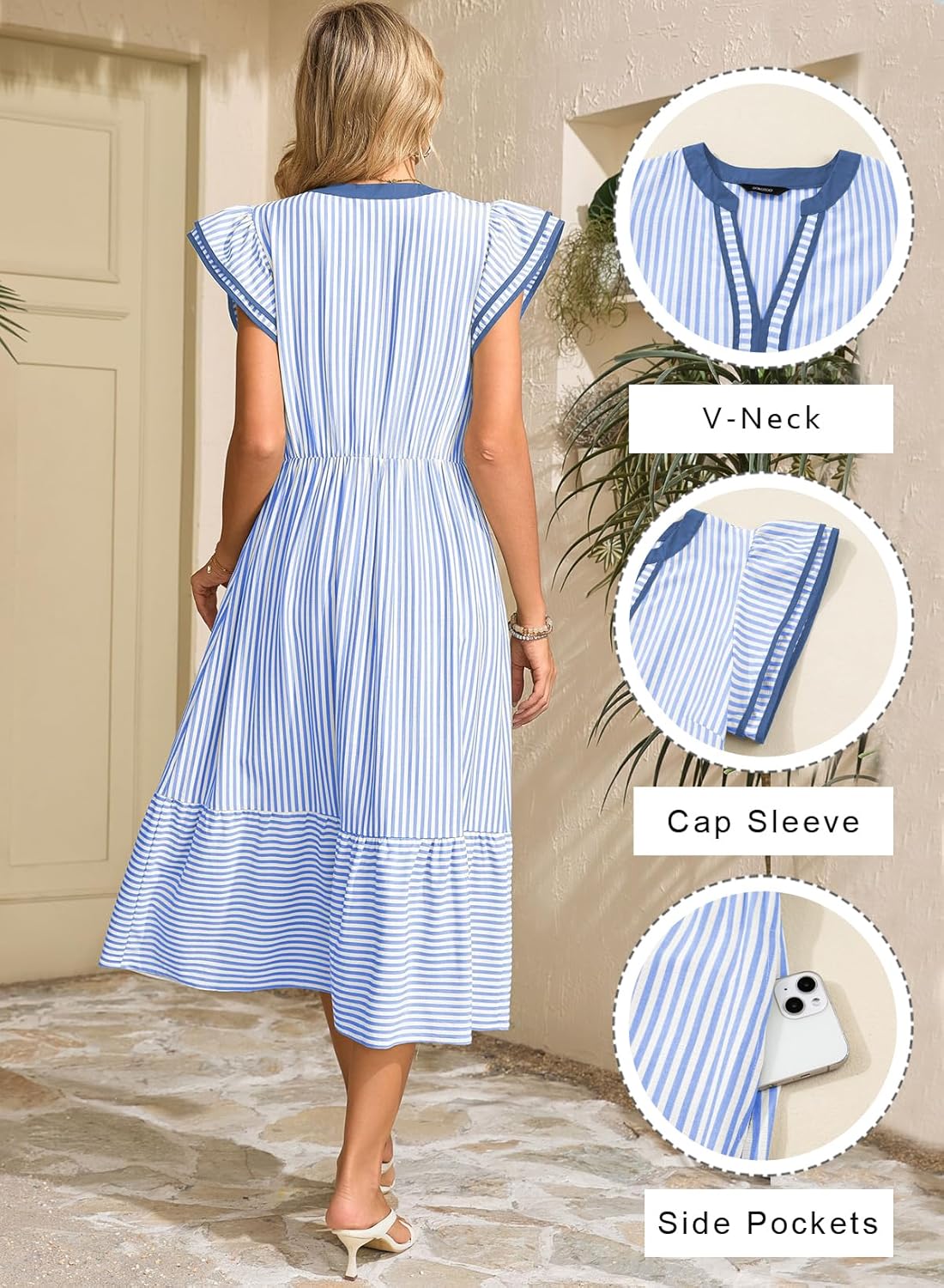 Dokotoo Womens Dresses 2026 Summer V-Neck Ruffle Cap Sleeve Empire Waist Flowy Striped Beach Midi Maxi Dress with Pockets