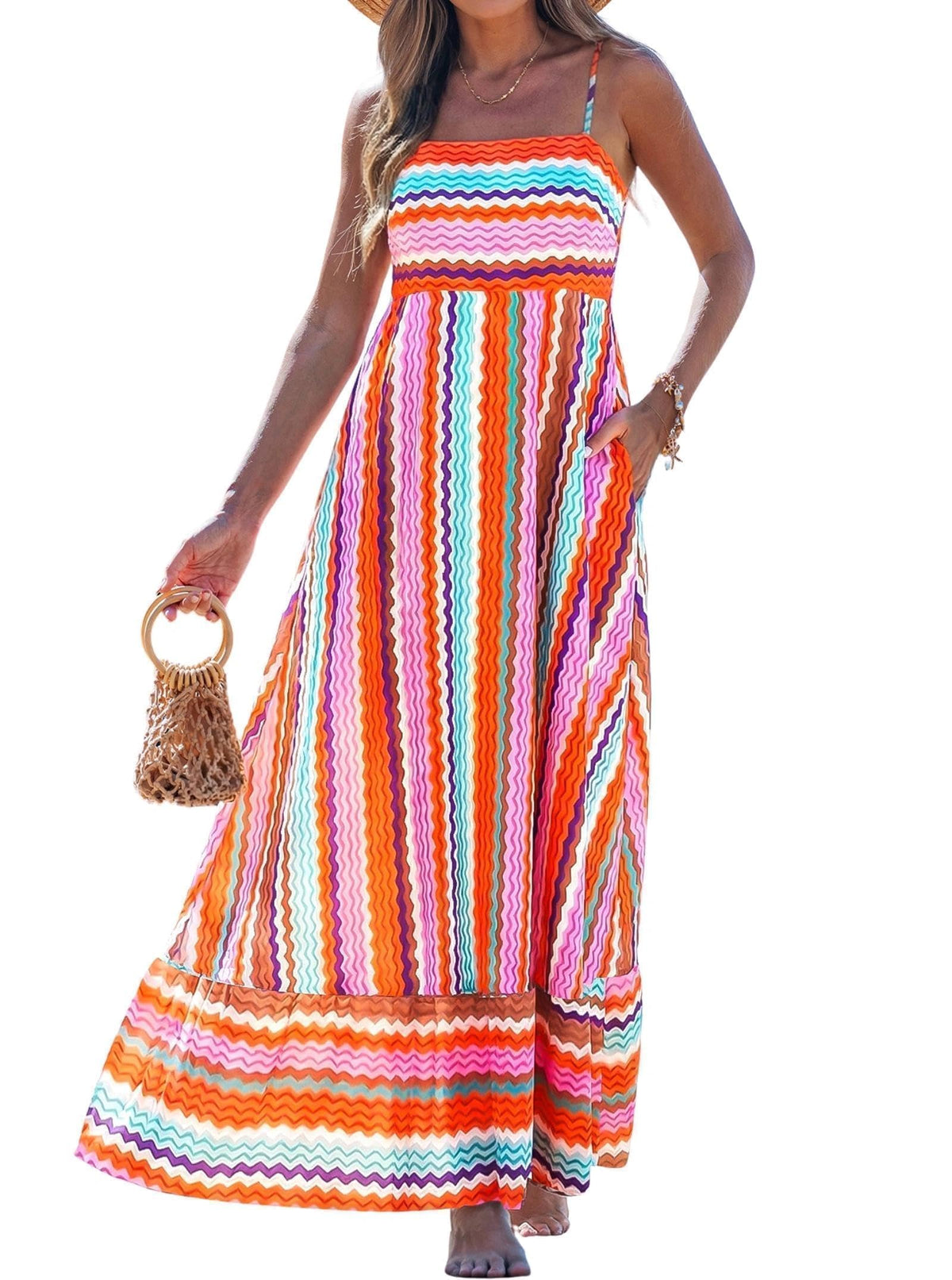 popvil Women Summer Maxi Dress 2026 Spaghetti Strap Long Beach Dress Boho A-Line Flowy Casual Sleeveless Sun Dress