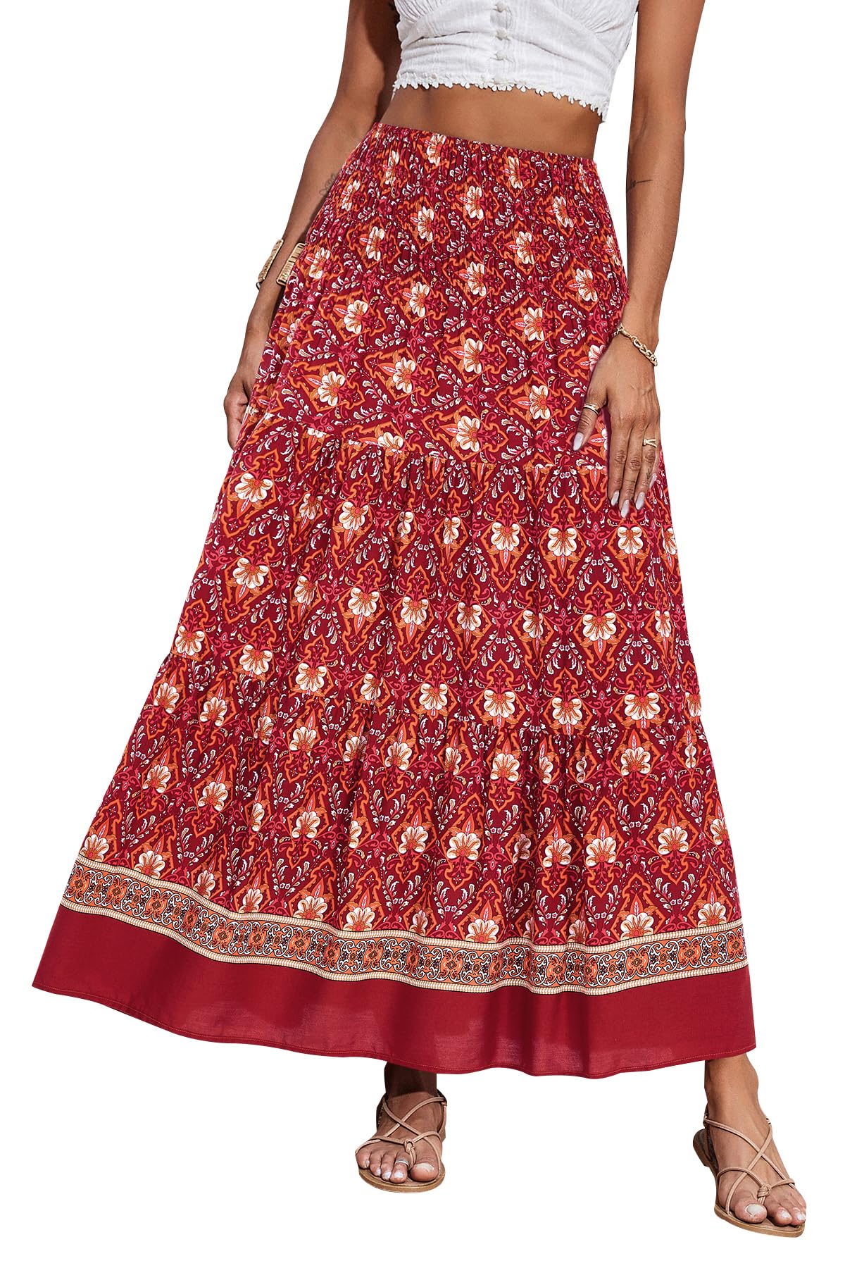 CFLONGE Summer Maxi Skirts for Women 2026 Fashion Boho Long Skirt Trendy Floral High Waist A Line Beach Skirt Vacation Outfit