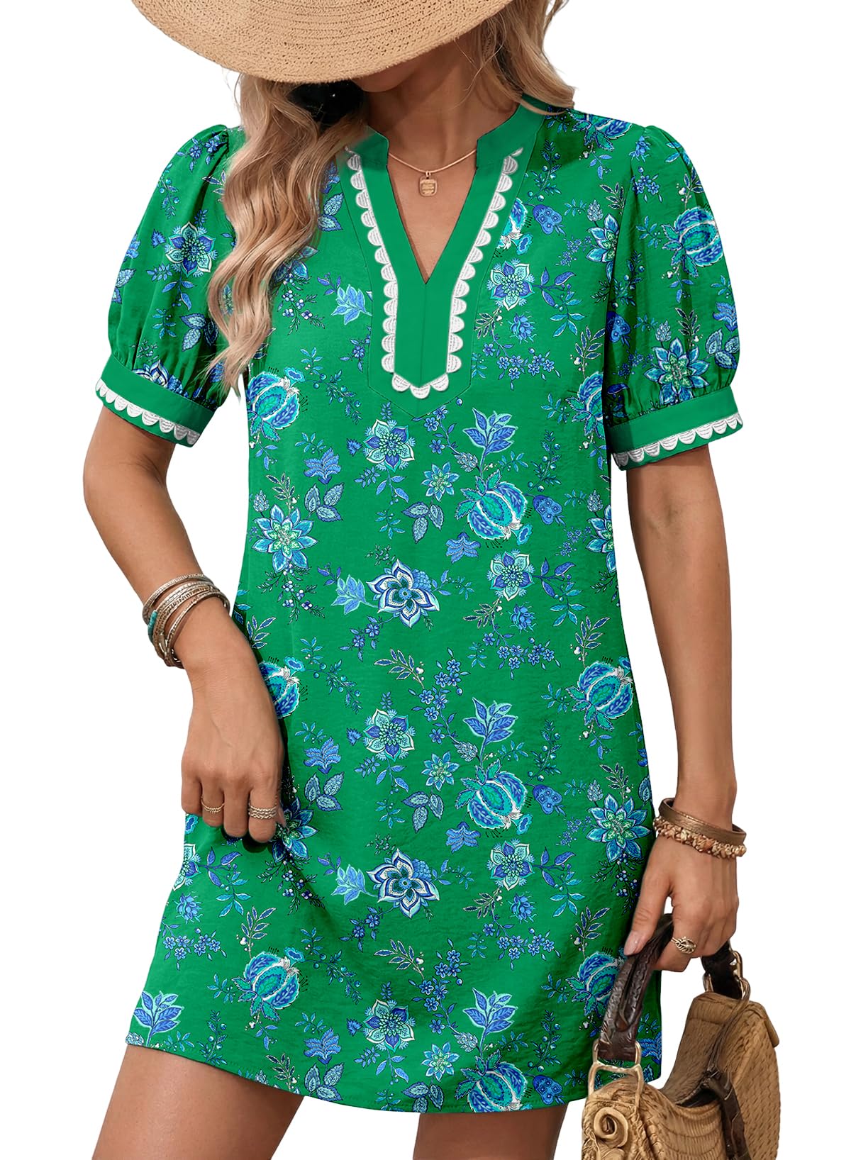 Dokotoo Summer Dresses for Women 2026 Boho Floral Puff Short Sleeve V Neck Trim Casual Mini Dress Sundress