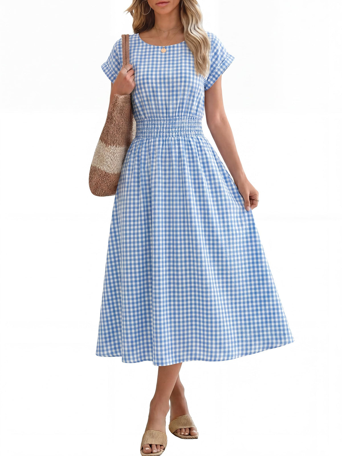 ANRABESS Womens Summer Midi Dress Striped Casual Short Sleeve Crewneck Empire Waist 2026 Flowy Long Beach Dress with Pockets
