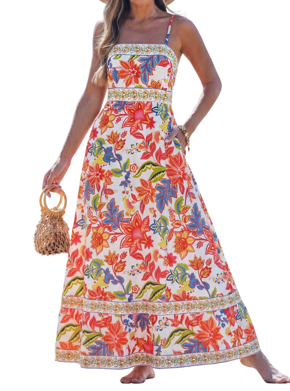 popvil Women Summer Maxi Dress 2026 Spaghetti Strap Long Beach Dress Boho A-Line Flowy Casual Sleeveless Sun Dress