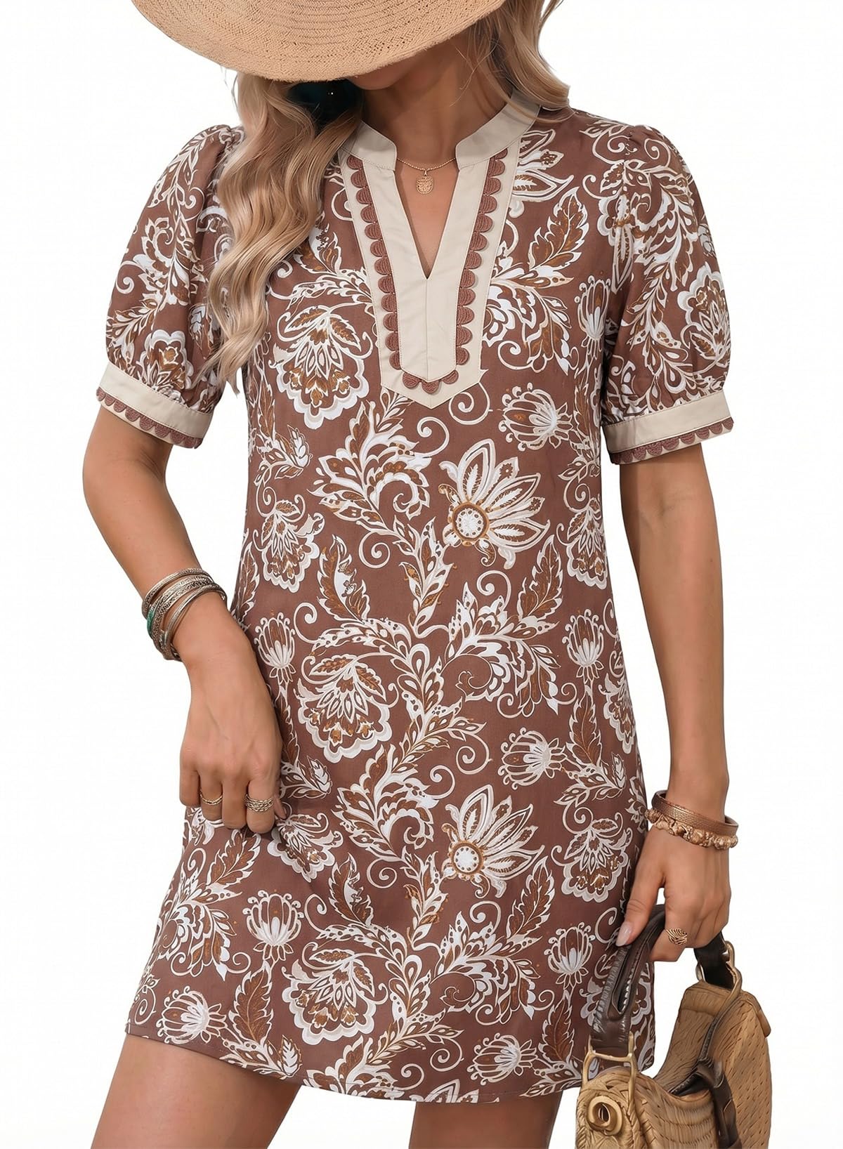 Dokotoo Summer Dresses for Women 2026 Boho Floral Puff Short Sleeve V Neck Trim Casual Mini Dress Sundress