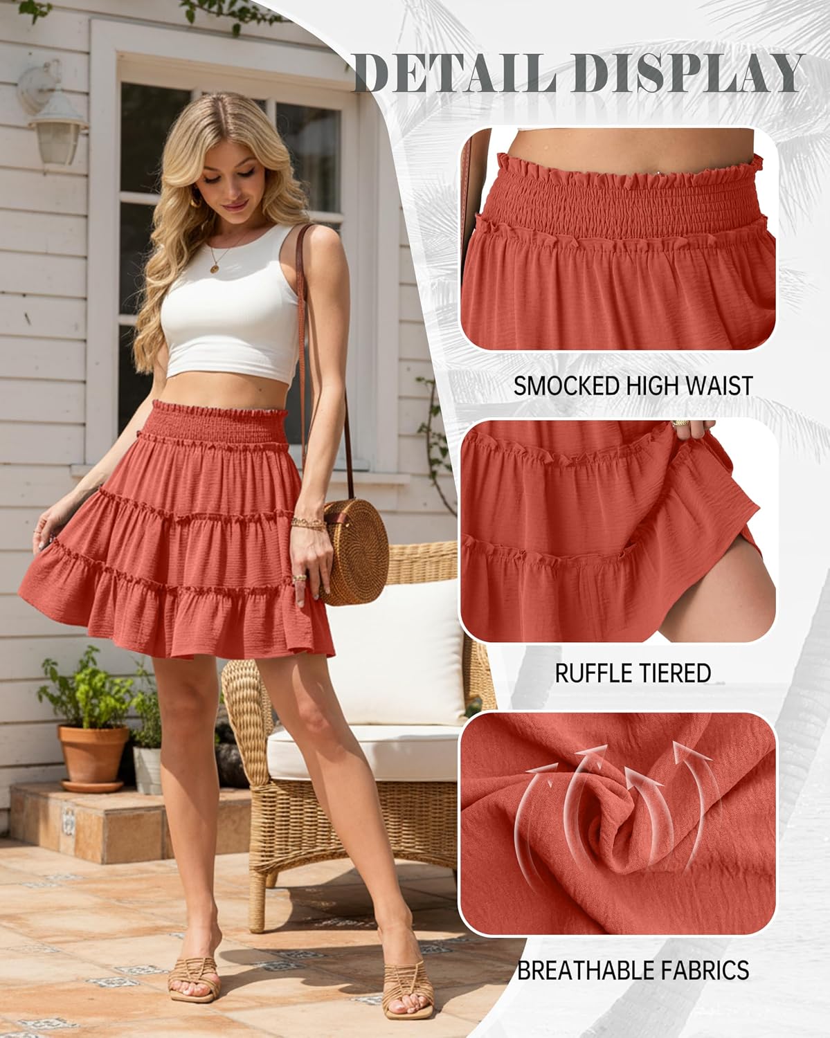 Lepunuo Womens Summer Flowy Mini Skorts Skirts Casual High Waisted Ruffle Tiered A Line Short Skirt with Pockets