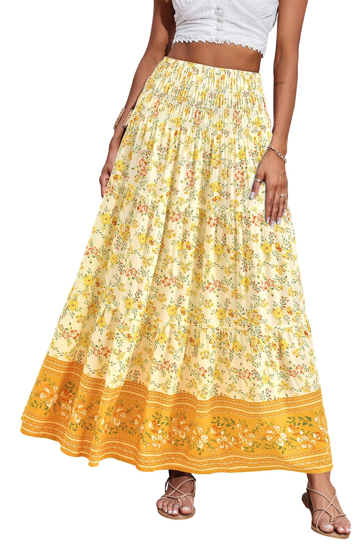 CFLONGE Summer Maxi Skirts for Women 2026 Fashion Boho Long Skirt Trendy Floral High Waist A Line Beach Skirt Vacation Outfit