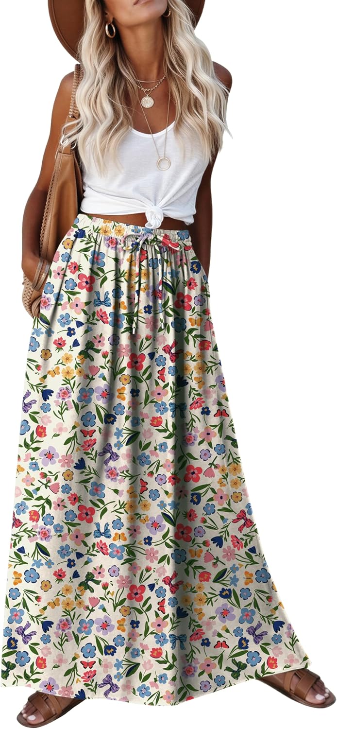 Zeagoo Women's 2026 Boho Floral Skirt Casual Elastic High Waist Maxi Skirts Flowy A Line Beach Long Skirt with Side Pockets
