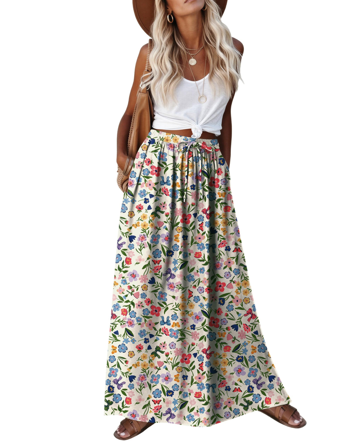 Zeagoo Women's 2026 Boho Floral Skirt Casual Elastic High Waist Maxi Skirts Flowy A Line Beach Long Skirt with Side Pockets