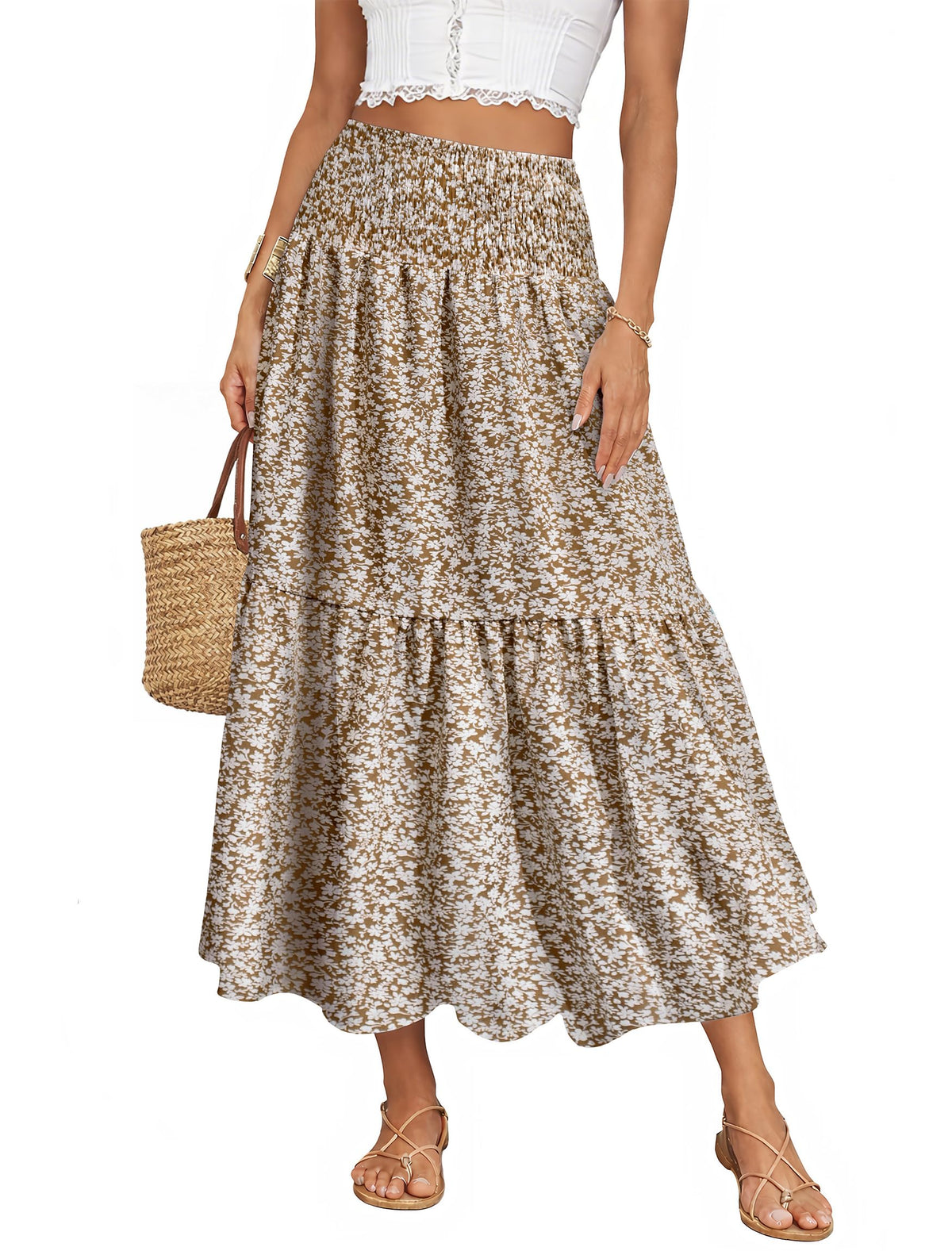 IWD Summer Long Skirts for Women Casual Smocked Elastic Waist Floral Maxi Skirt Flowy Swing A-Line Boho Skirt