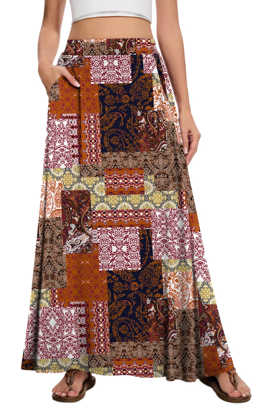 Womens Maxi A-line Long Skirt Casual 2026 Elastic High Waist Flowy Skirts with Pockets