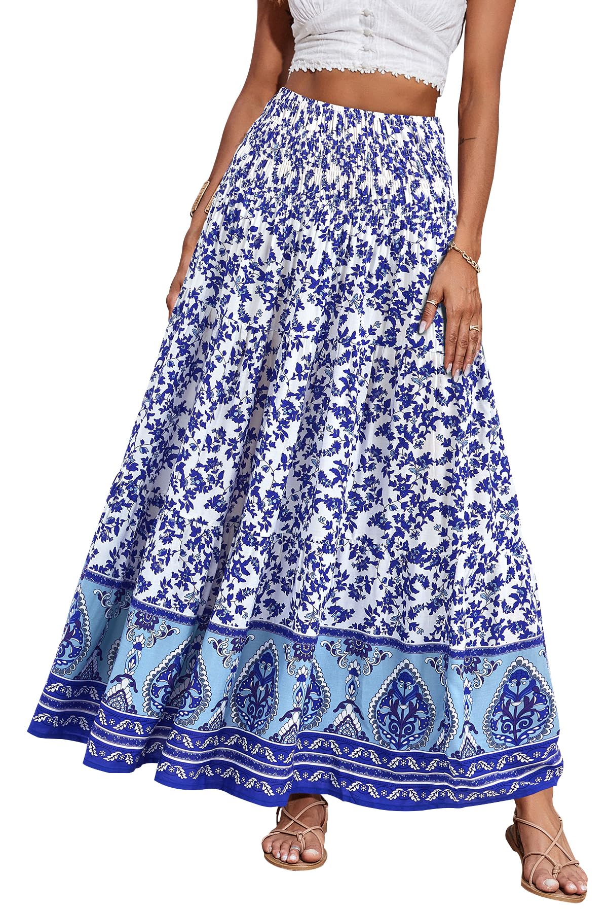 CFLONGE Summer Maxi Skirts for Women 2026 Fashion Boho Long Skirt Trendy Floral High Waist A Line Beach Skirt Vacation Outfit