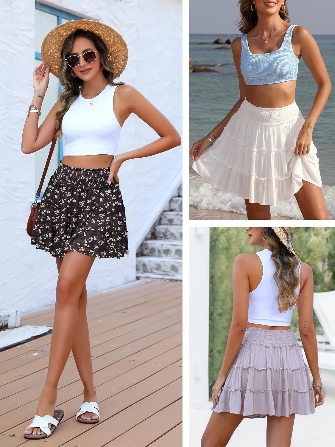 Caracilia Womens Summer Flowy Mini Skorts Skirts High Waist Ruffle Tiered Casual Cute Boho Beach Short Skirts Built-in Shorts