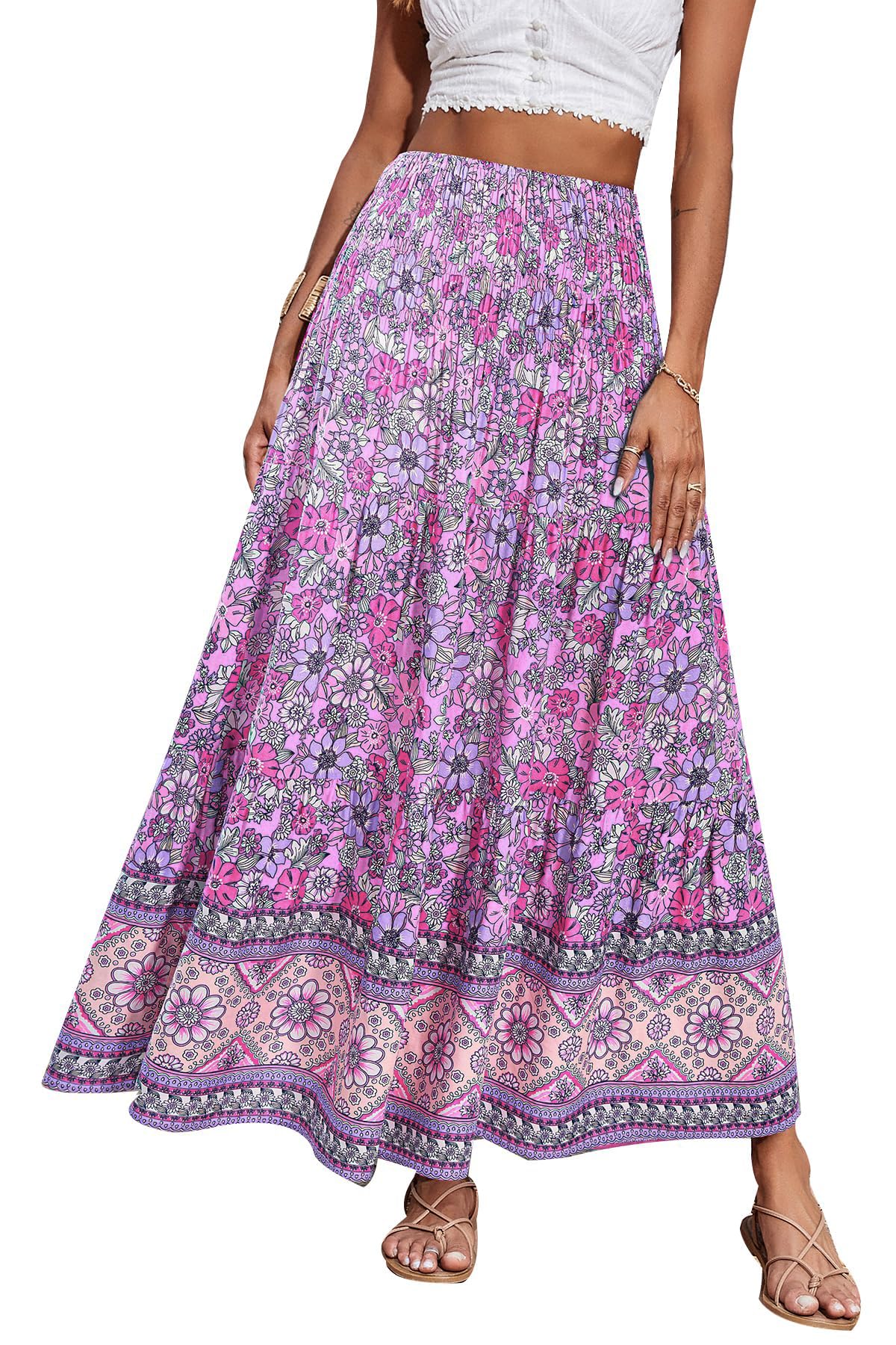 CFLONGE Summer Maxi Skirts for Women 2026 Fashion Boho Long Skirt Trendy Floral High Waist A Line Beach Skirt Vacation Outfit