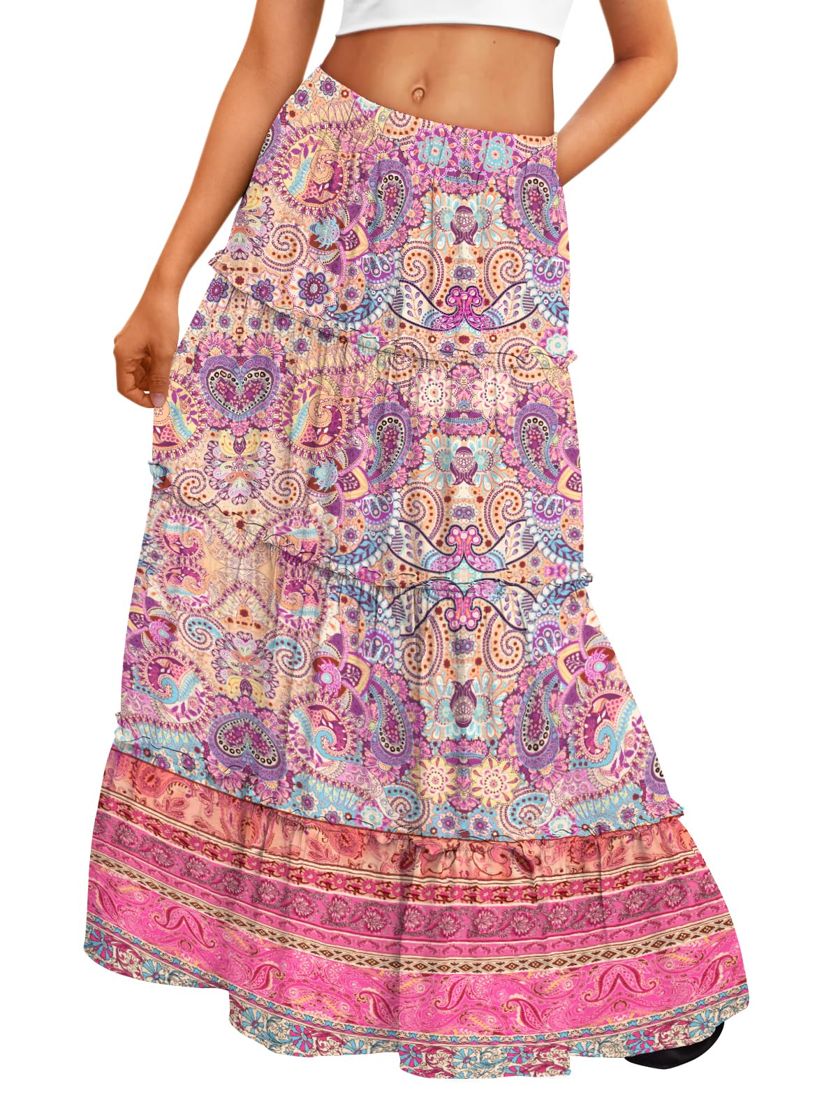 Trendy Queen Vacation Outfits Long Skirts for Women Boho Maxi Skirt Elastic High Waist Dress with Pockets Fashion