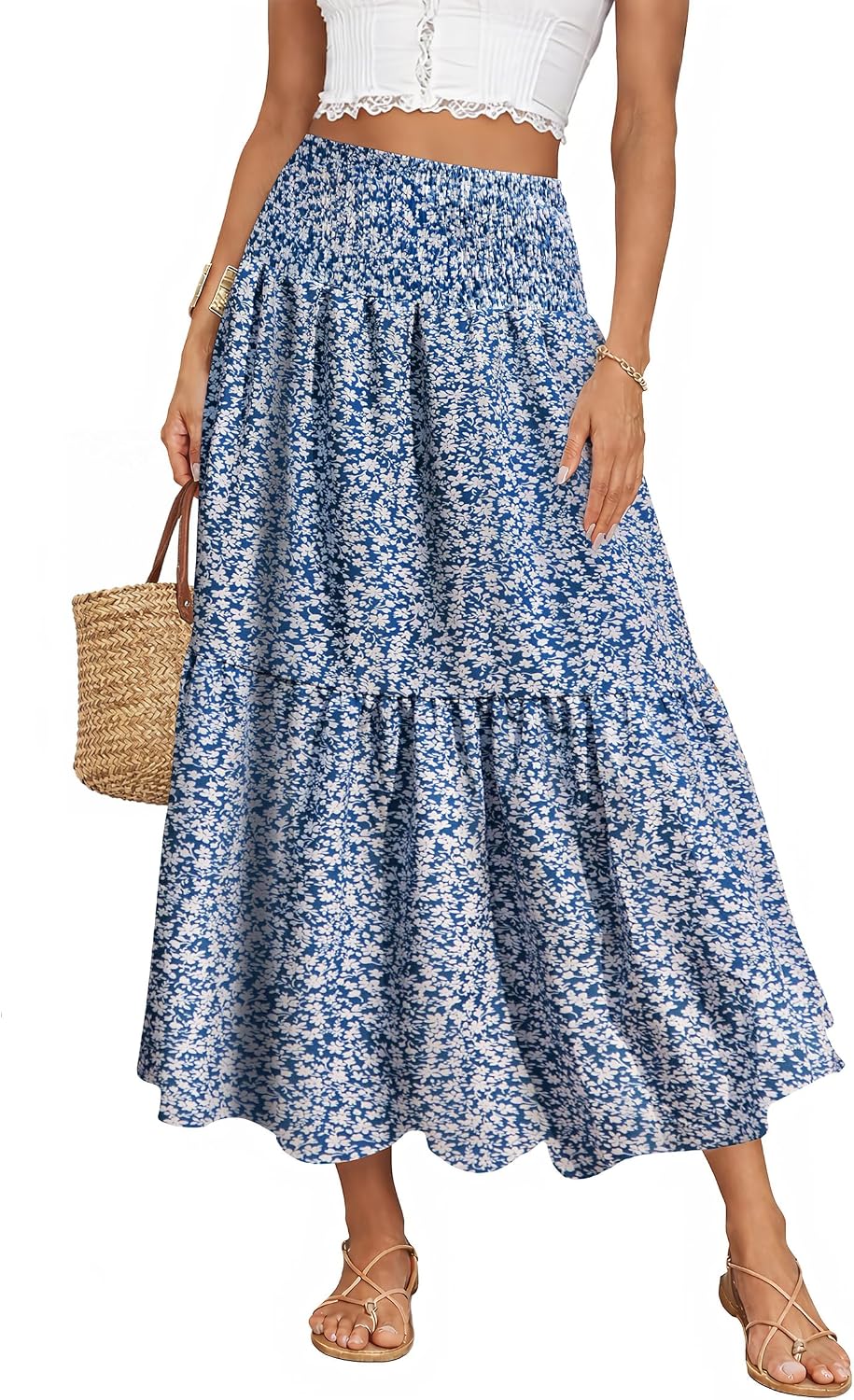 IWD Summer Long Skirts for Women Casual Smocked Elastic Waist Floral Maxi Skirt Flowy Swing A-Line Boho Skirt