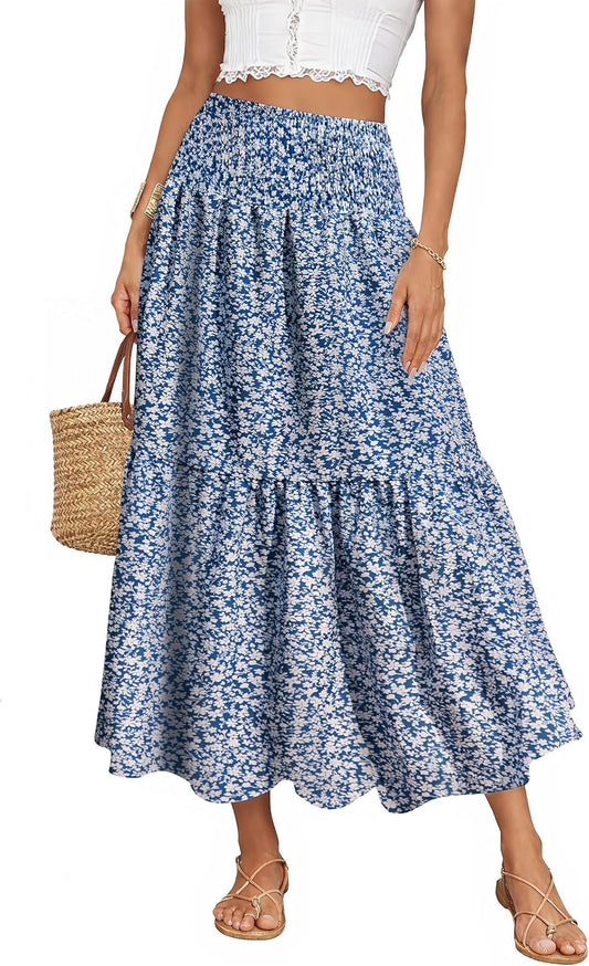 IWD Summer Long Skirts for Women Casual Smocked Elastic Waist Floral Maxi Skirt Flowy Swing A-Line Boho Skirt