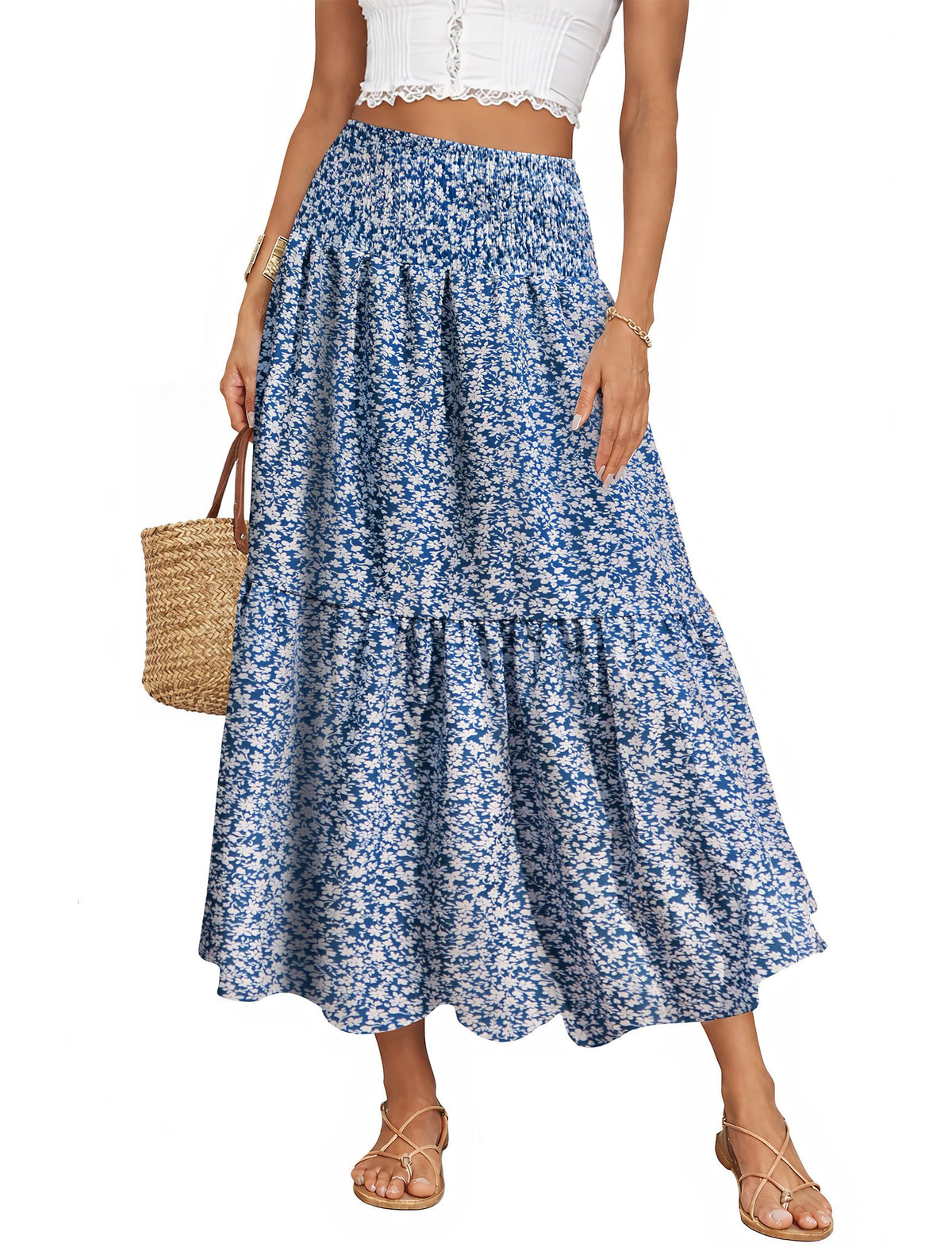 IWD Summer Long Skirts for Women Casual Smocked Elastic Waist Floral Maxi Skirt Flowy Swing A-Line Boho Skirt