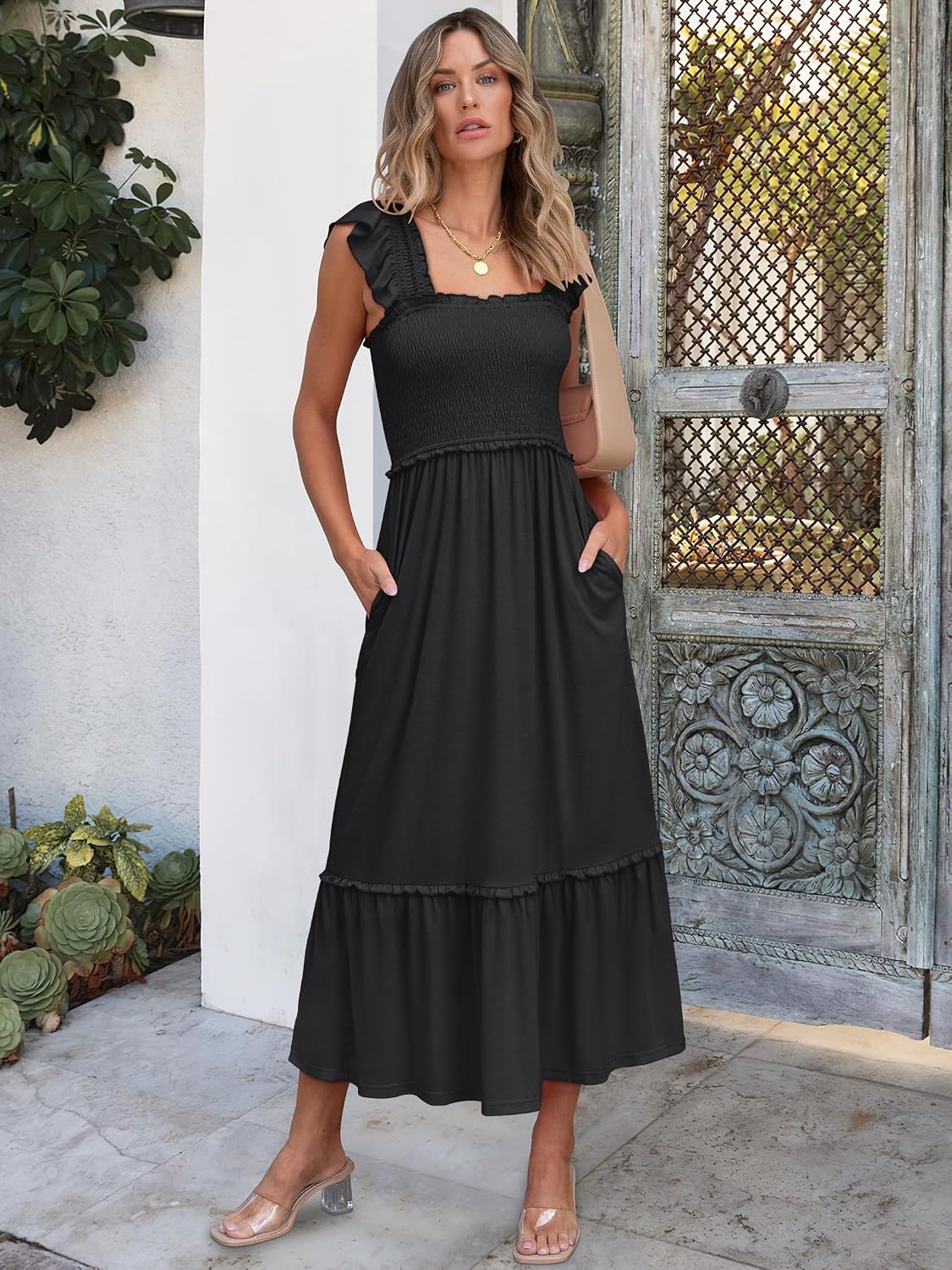 ANRABESS Womens Summer Sleeveless Maxi Dress Square Neck Smocked Boho Casual Ruffle Strap Flowy A-Line Long Beach Sundress