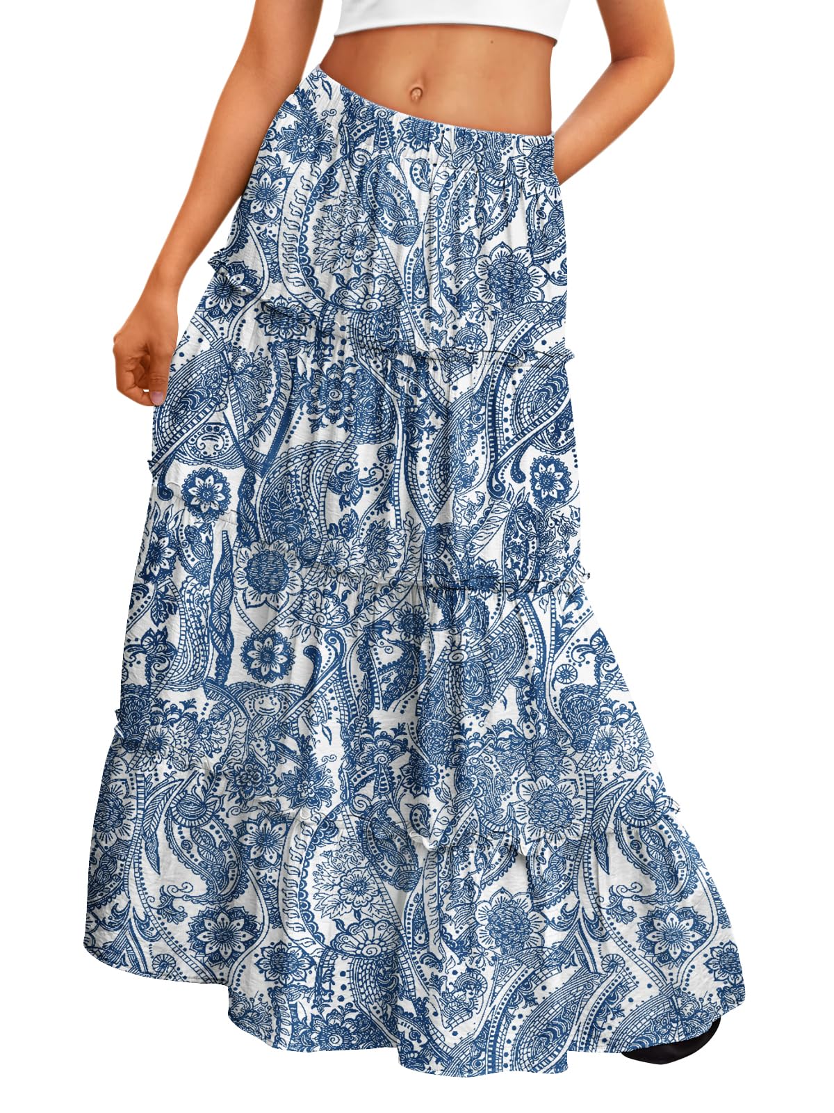 Trendy Queen Vacation Outfits Long Skirts for Women Boho Maxi Skirt Elastic High Waist Dress with Pockets Fashion