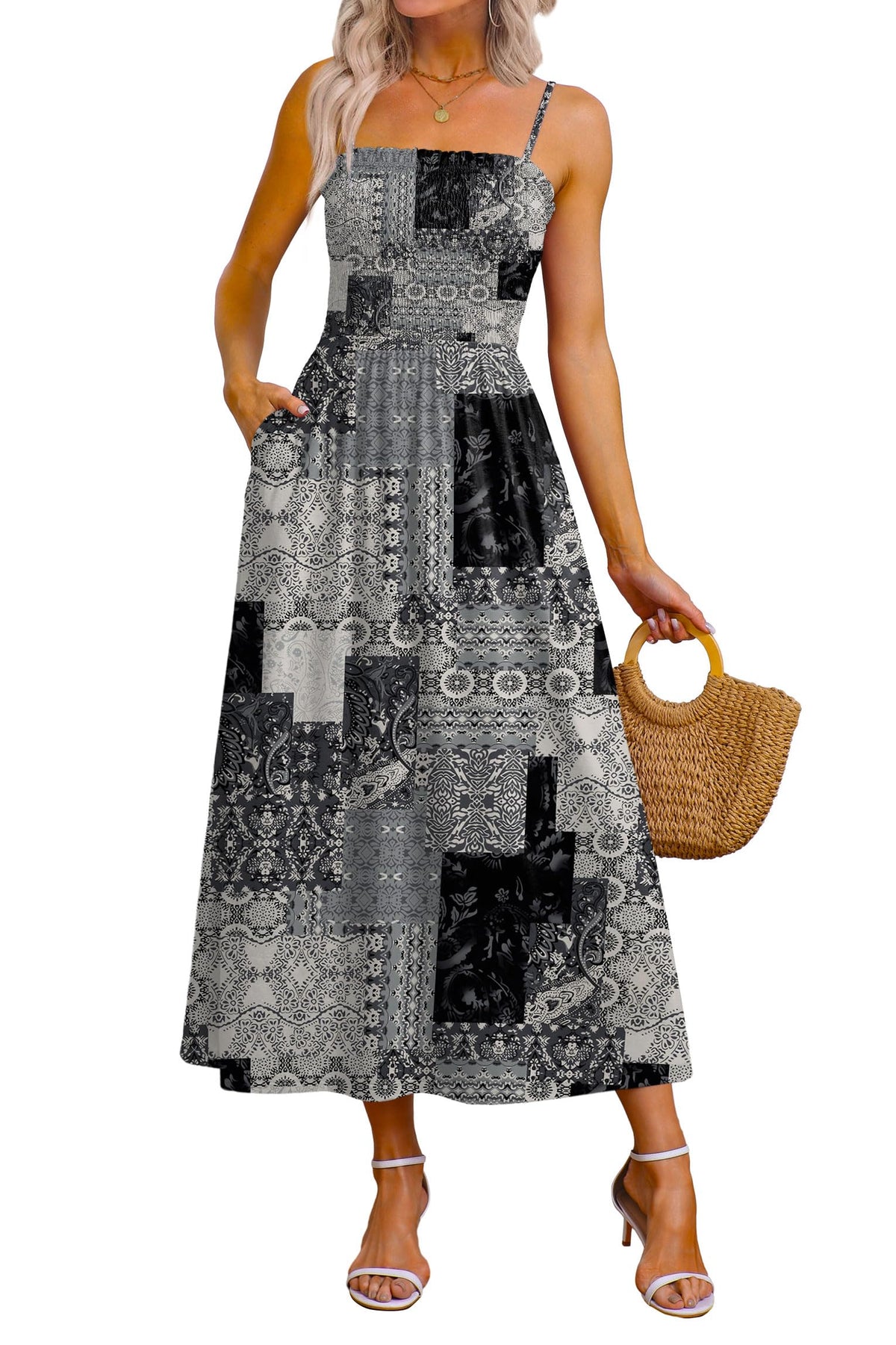 OFEEFAN Womens Spaghetti Strap Maxi Dresses Smocked with Pockets 2026 Summer Spring Casual Boho Beach Long Sundresses