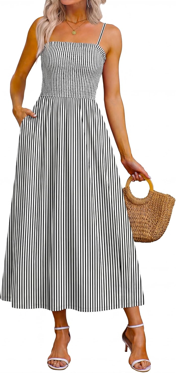 OFEEFAN Womens Spaghetti Strap Maxi Dresses Smocked with Pockets 2026 Summer Spring Casual Boho Beach Long Sundresses