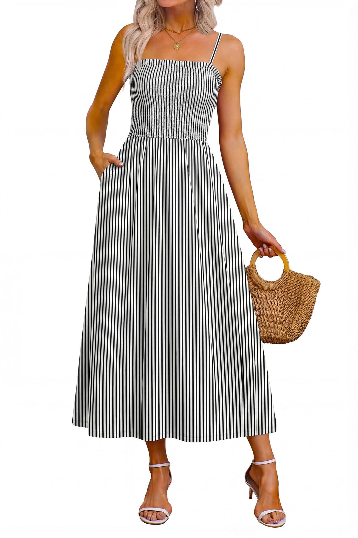 OFEEFAN Womens Spaghetti Strap Maxi Dresses Smocked with Pockets 2026 Summer Spring Casual Boho Beach Long Sundresses