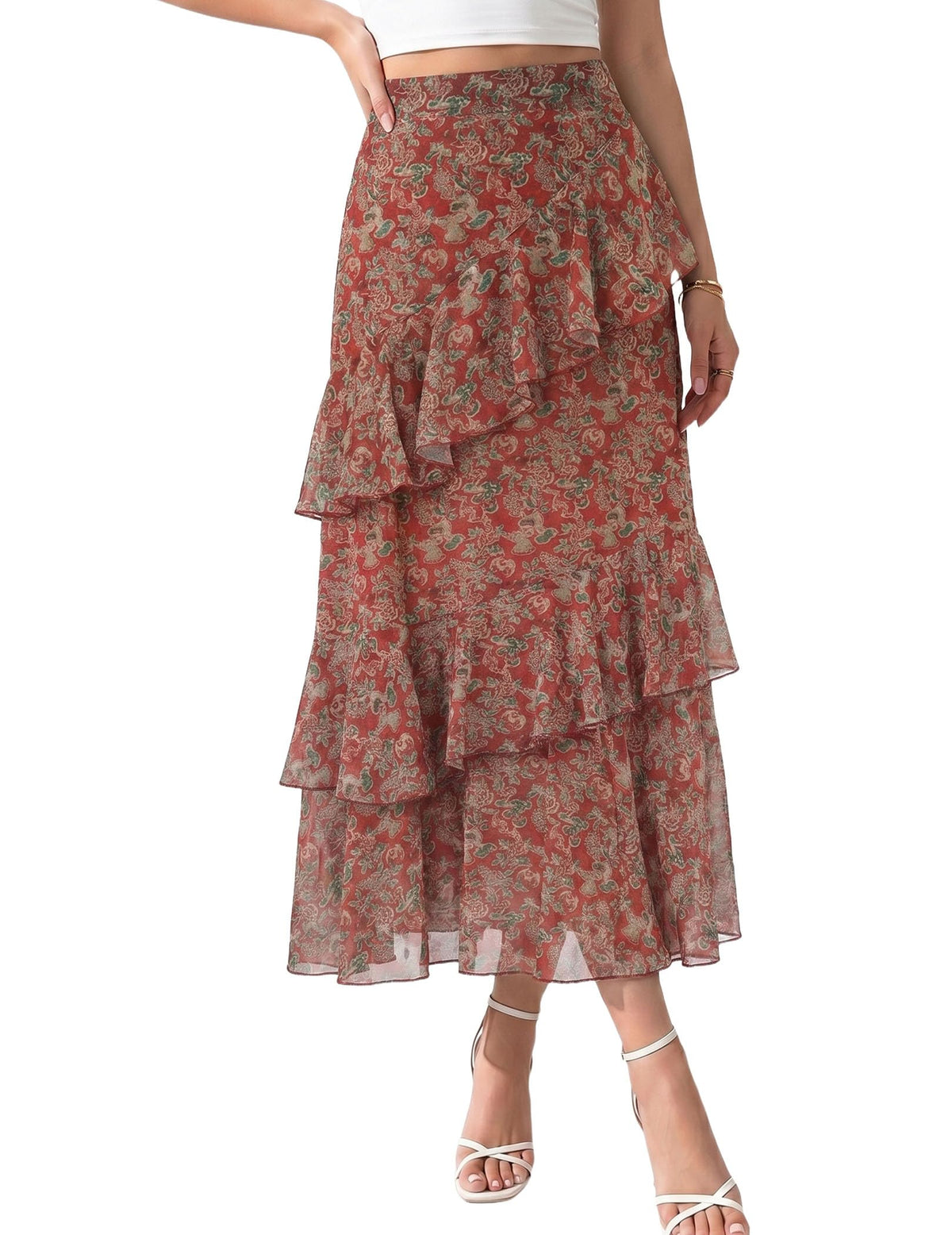 DERAX Women's Boho Flowy White Maxi Skirt Flared Ruffle Elastic Waist Summer A Line 2026 Spring Long Skirts