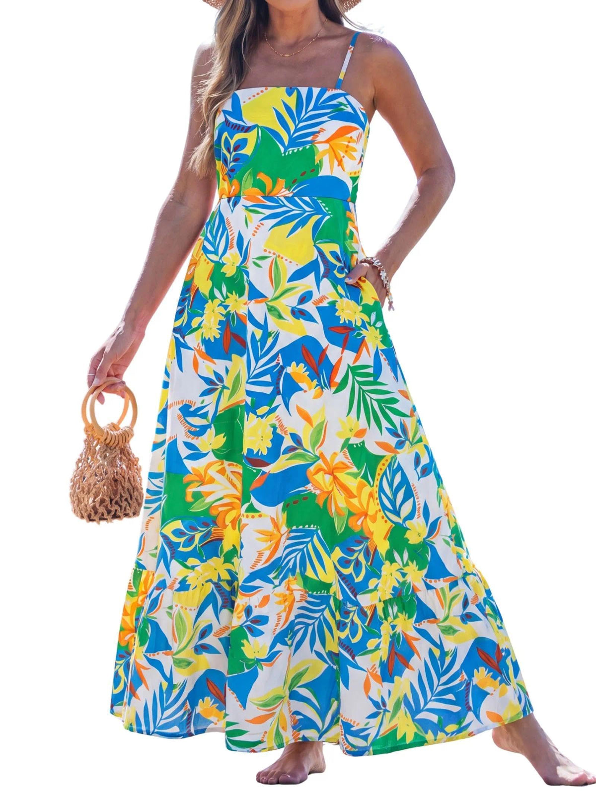 popvil Women Summer Maxi Dress 2026 Spaghetti Strap Long Beach Dress Boho A-Line Flowy Casual Sleeveless Sun Dress