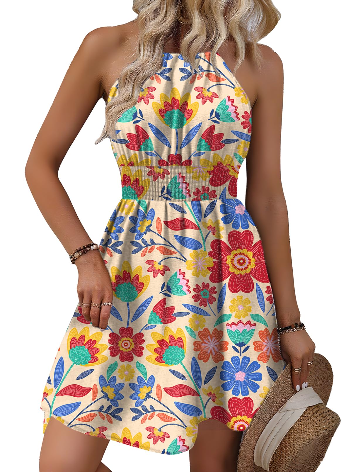 BLENCOT Womens Summer Beach Halter Neck Dresses Casual Smocked A Line Floral Mini Dress with Pockets