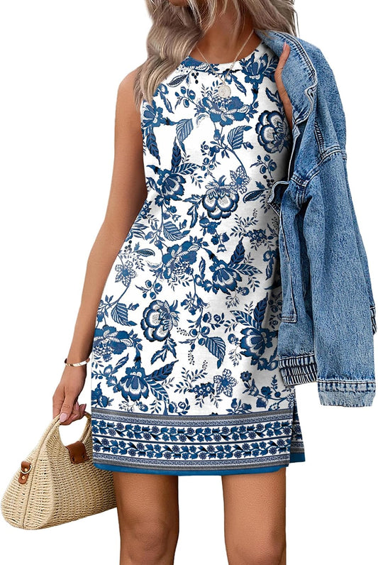 WIHOLL Casual Dresses for Women Crewneck Sleeveless Tank Dress Summer Spring Boho Vacation Clothes