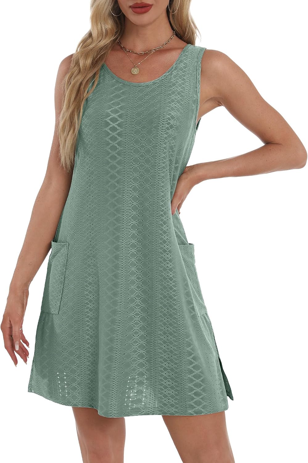 BKRIVE Coverup Summer Dresses for Women 2026 Eyelet Casual Loose Sleeveless Sundresses Tank Dresses with Pockets