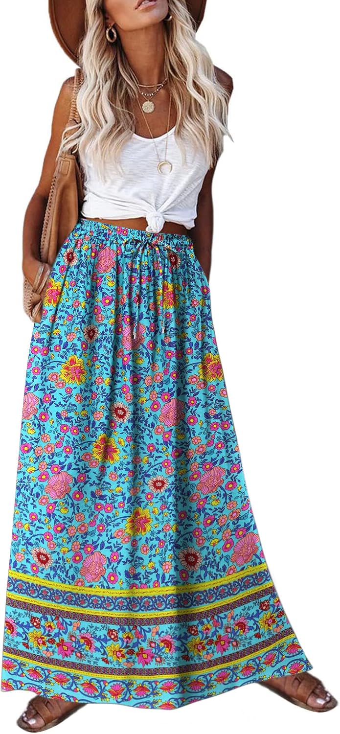 Zeagoo Women's 2026 Boho Floral Skirt Casual Elastic High Waist Maxi Skirts Flowy A Line Beach Long Skirt with Side Pockets