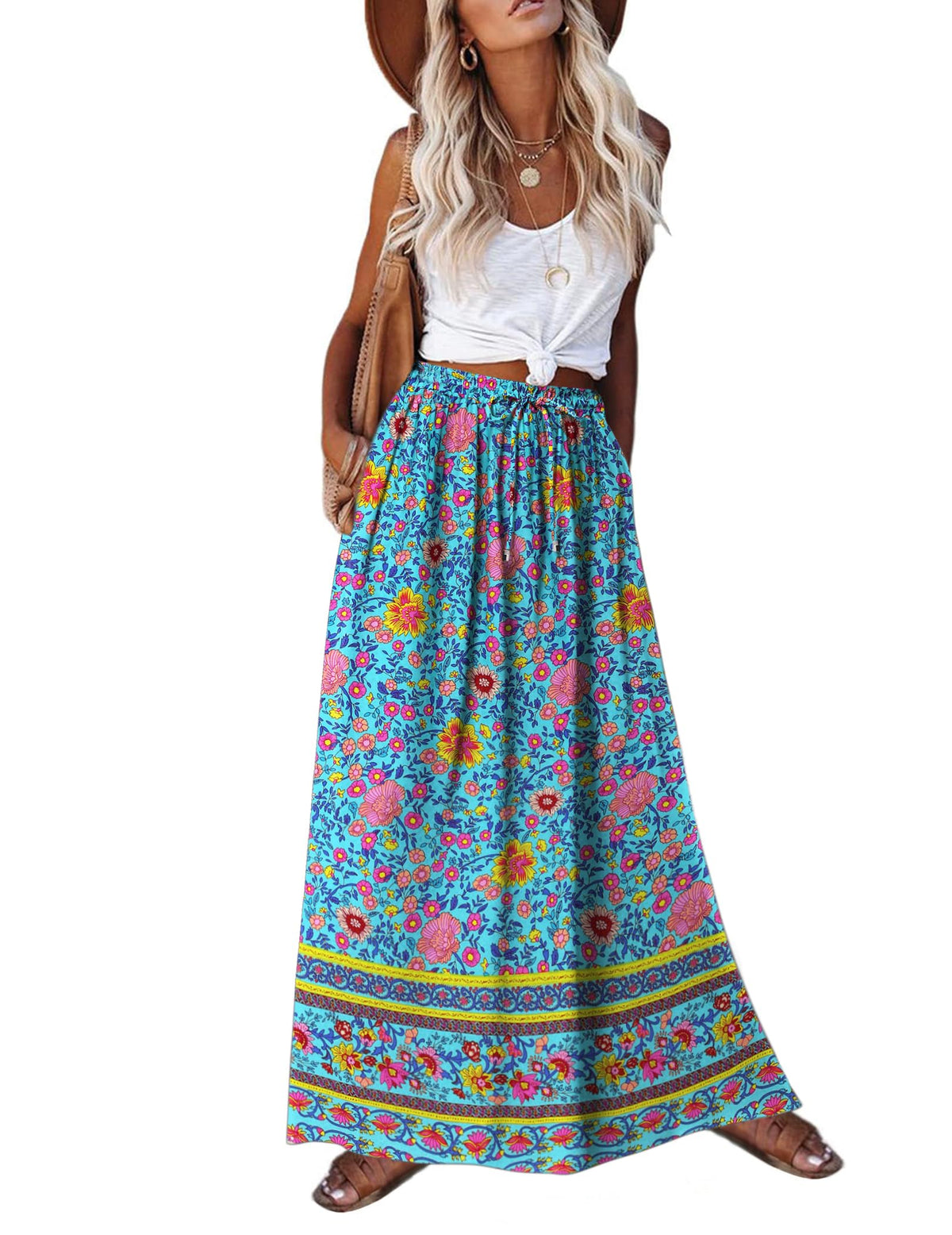 Zeagoo Women's 2026 Boho Floral Skirt Casual Elastic High Waist Maxi Skirts Flowy A Line Beach Long Skirt with Side Pockets