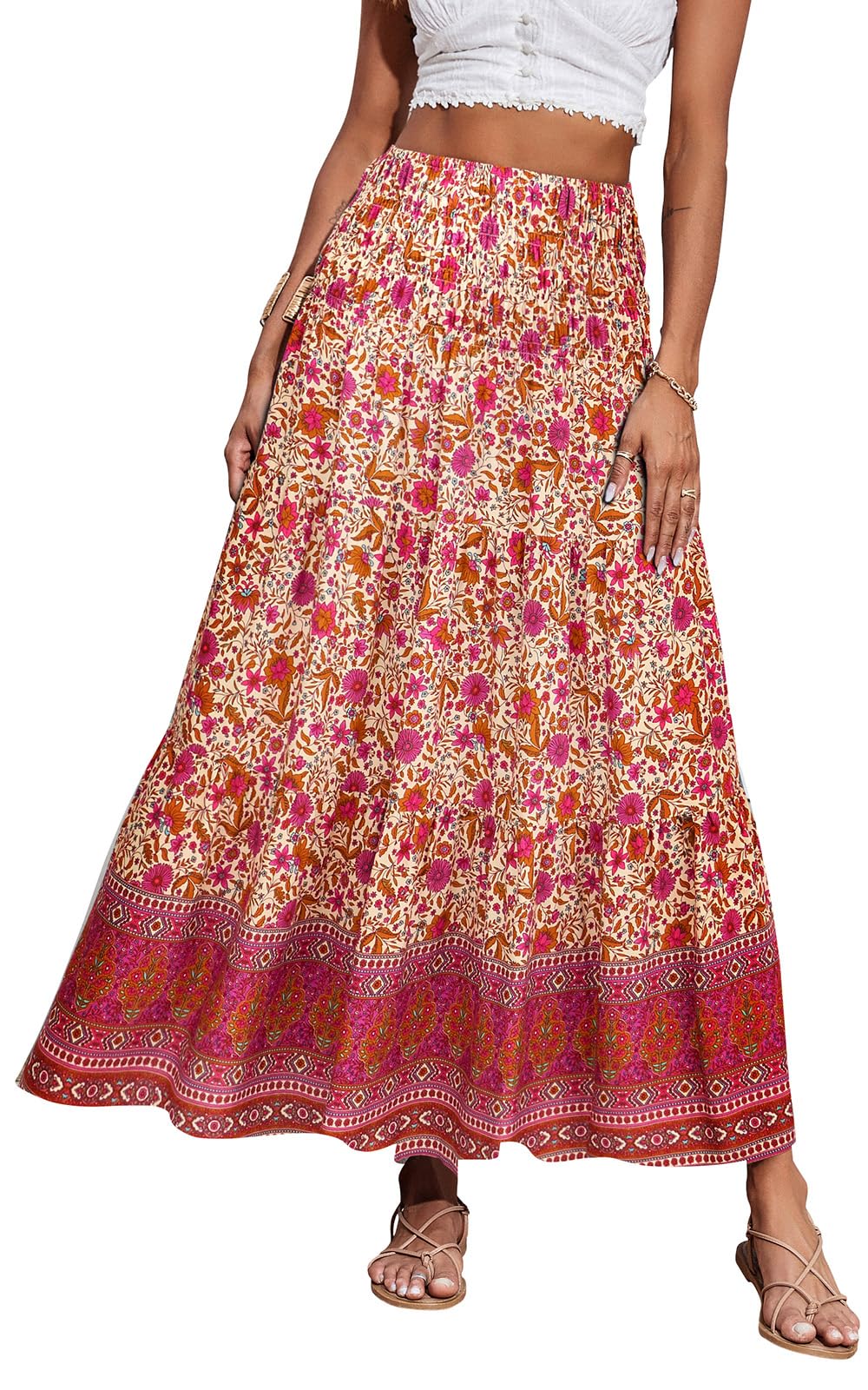 CFLONGE Summer Maxi Skirts for Women 2026 Fashion Boho Long Skirt Trendy Floral High Waist A Line Beach Skirt Vacation Outfit