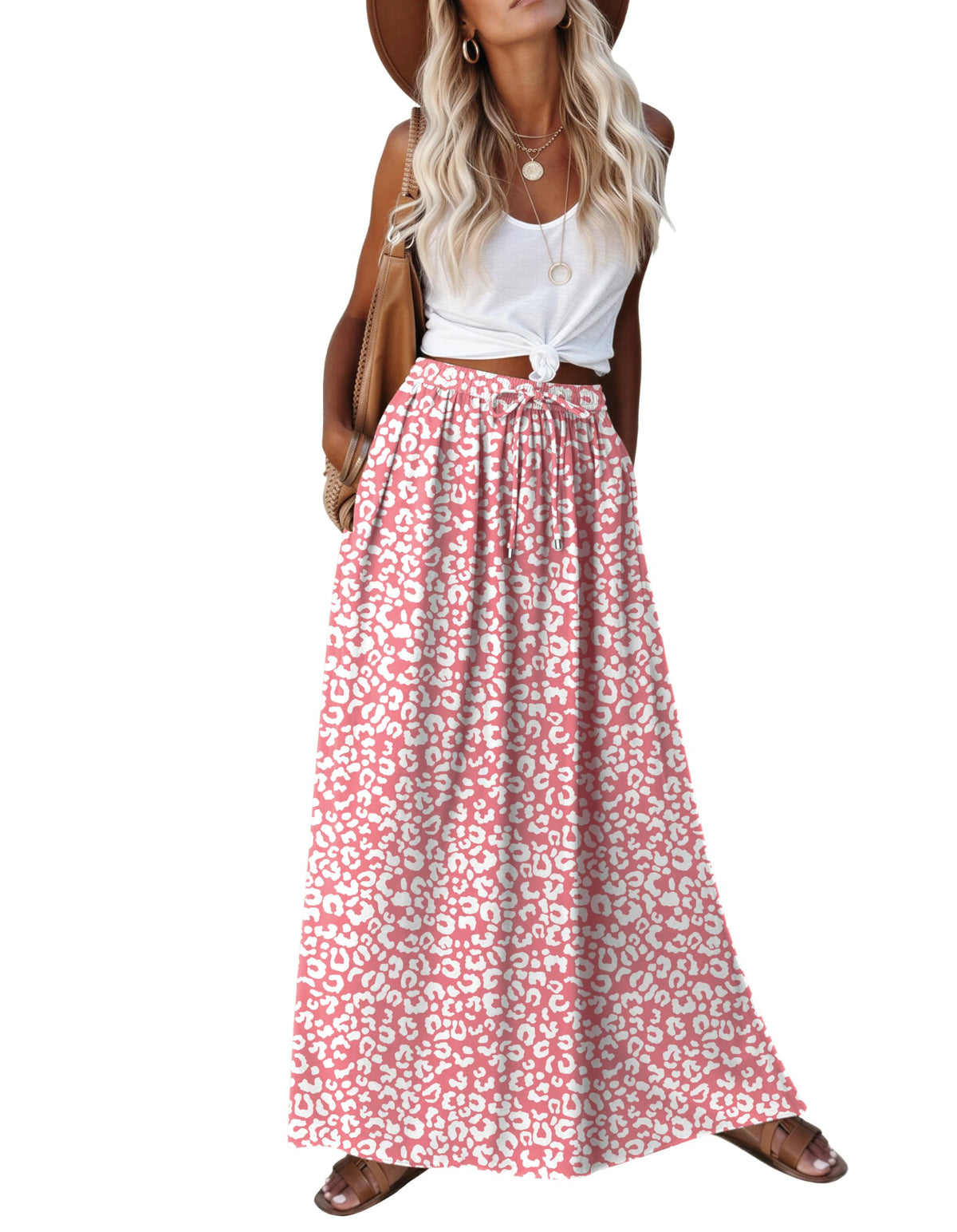 Zeagoo Women's 2026 Boho Floral Skirt Casual Elastic High Waist Maxi Skirts Flowy A Line Beach Long Skirt with Side Pockets